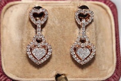 18k Rose Gold Natural Diamond Decorated Heart Drop Earring