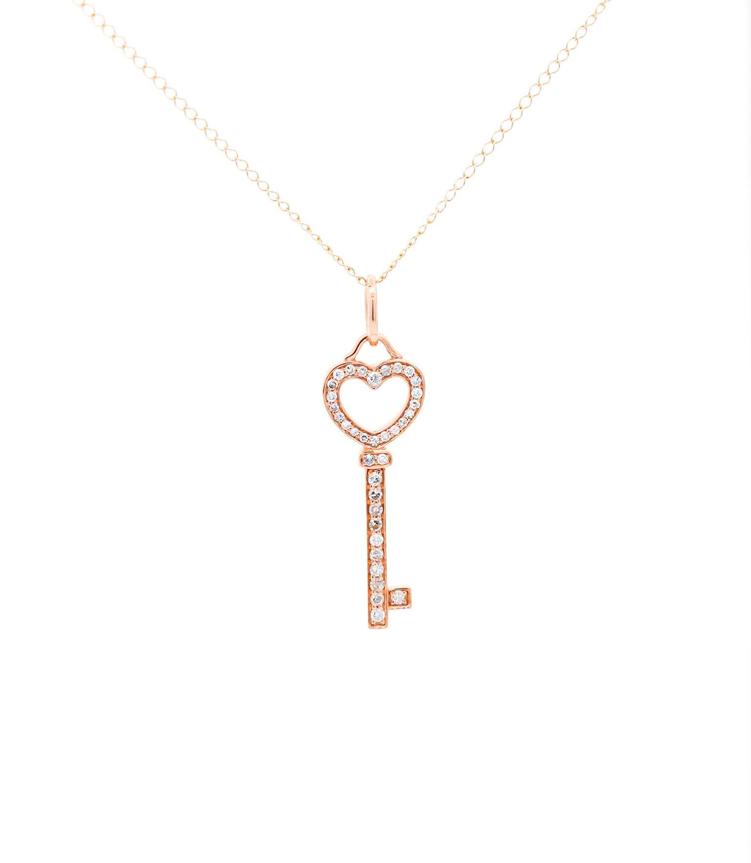 Contemporary 18k Rose Gold Natural Diamond Key To My Heart Pendant Necklace For Sale