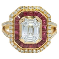 18K Rose Gold Natural Diamond Mosaic & Ruby Halo Bezel Set Ring In Stock