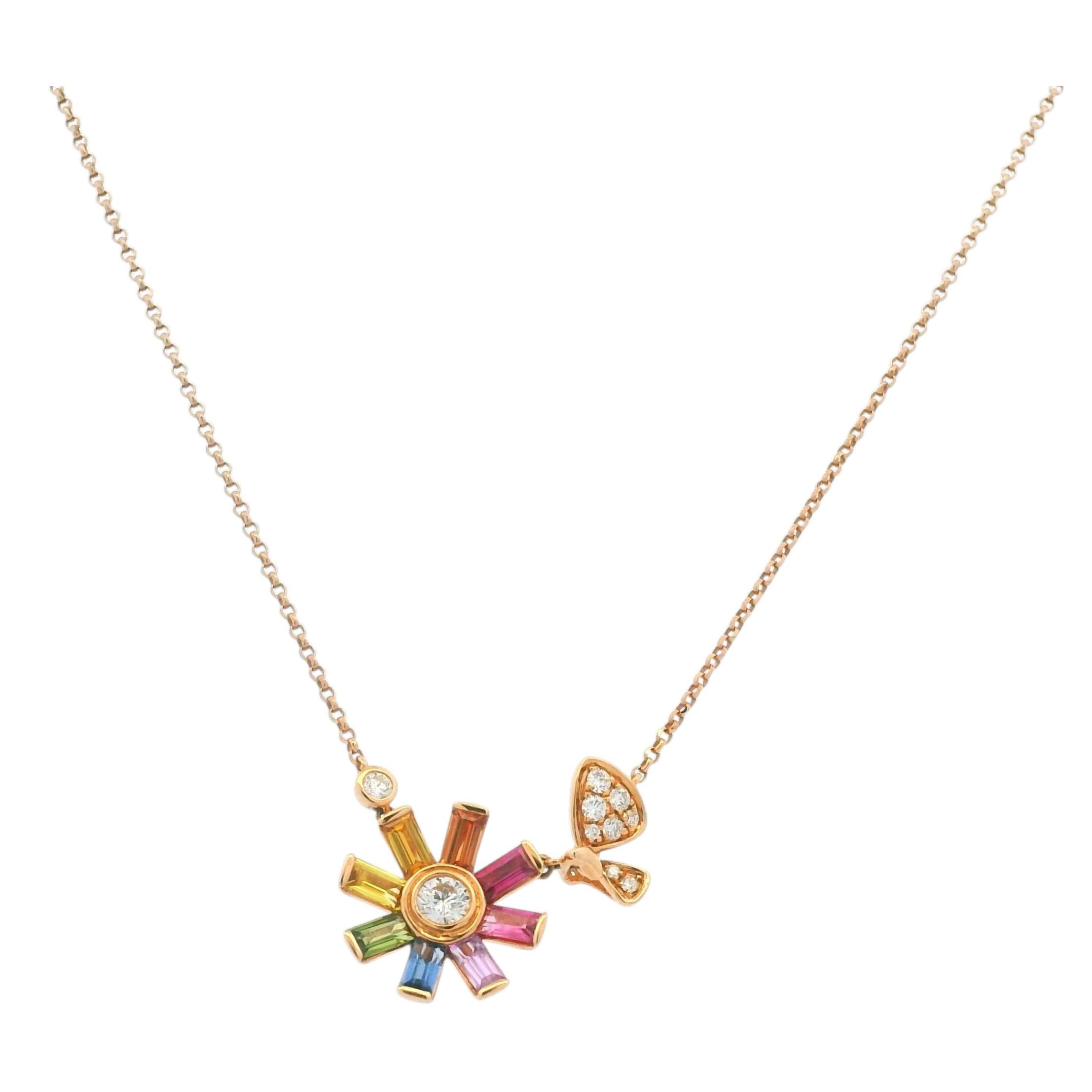 18K Rose Gold Natural Diamond & Multi Colored Sapphire Charm Necklace In Stock