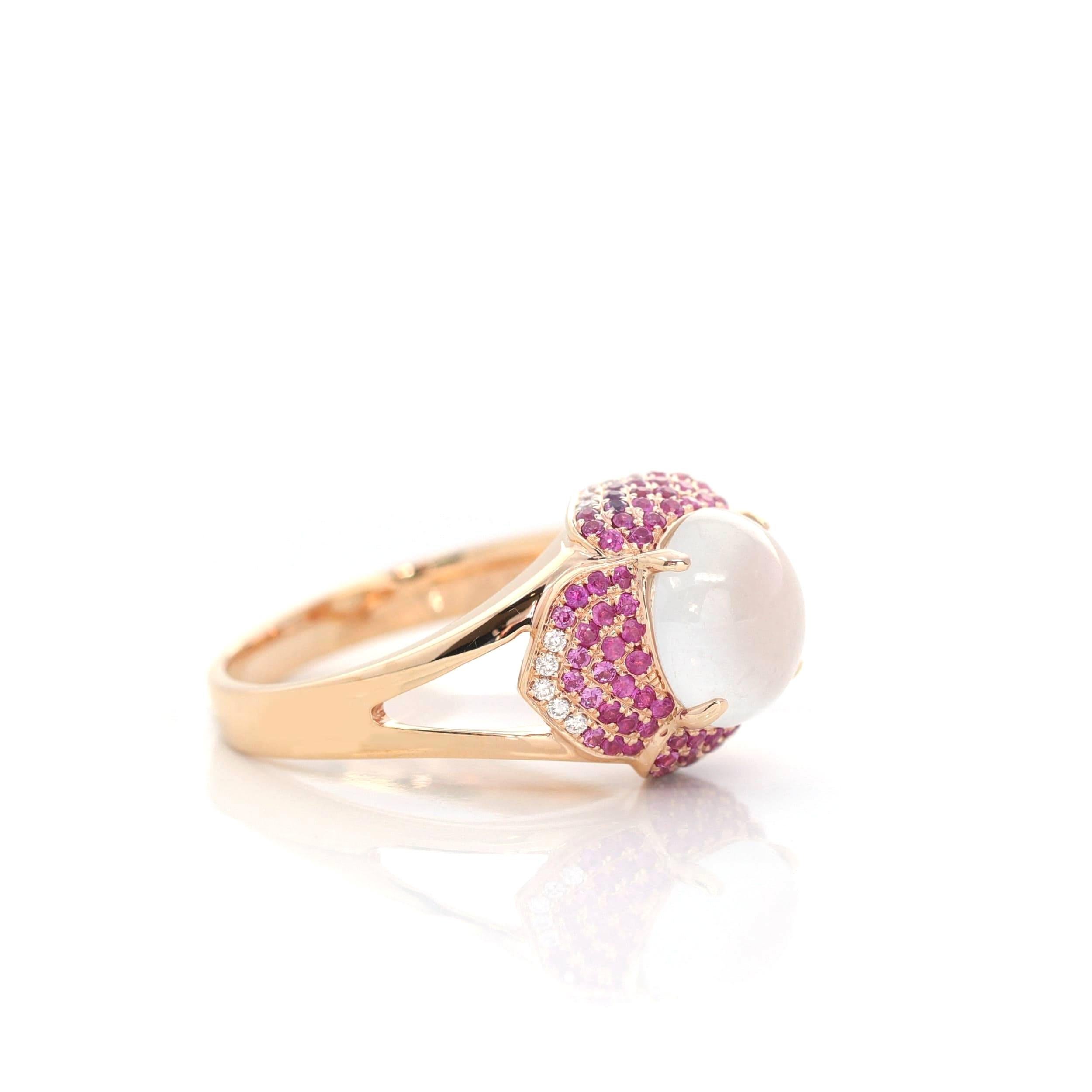 18k Rose Gold Natural Ice Jadeite Engagement Ring With Diamonds and Ruby In New Condition For Sale In Portland, OR