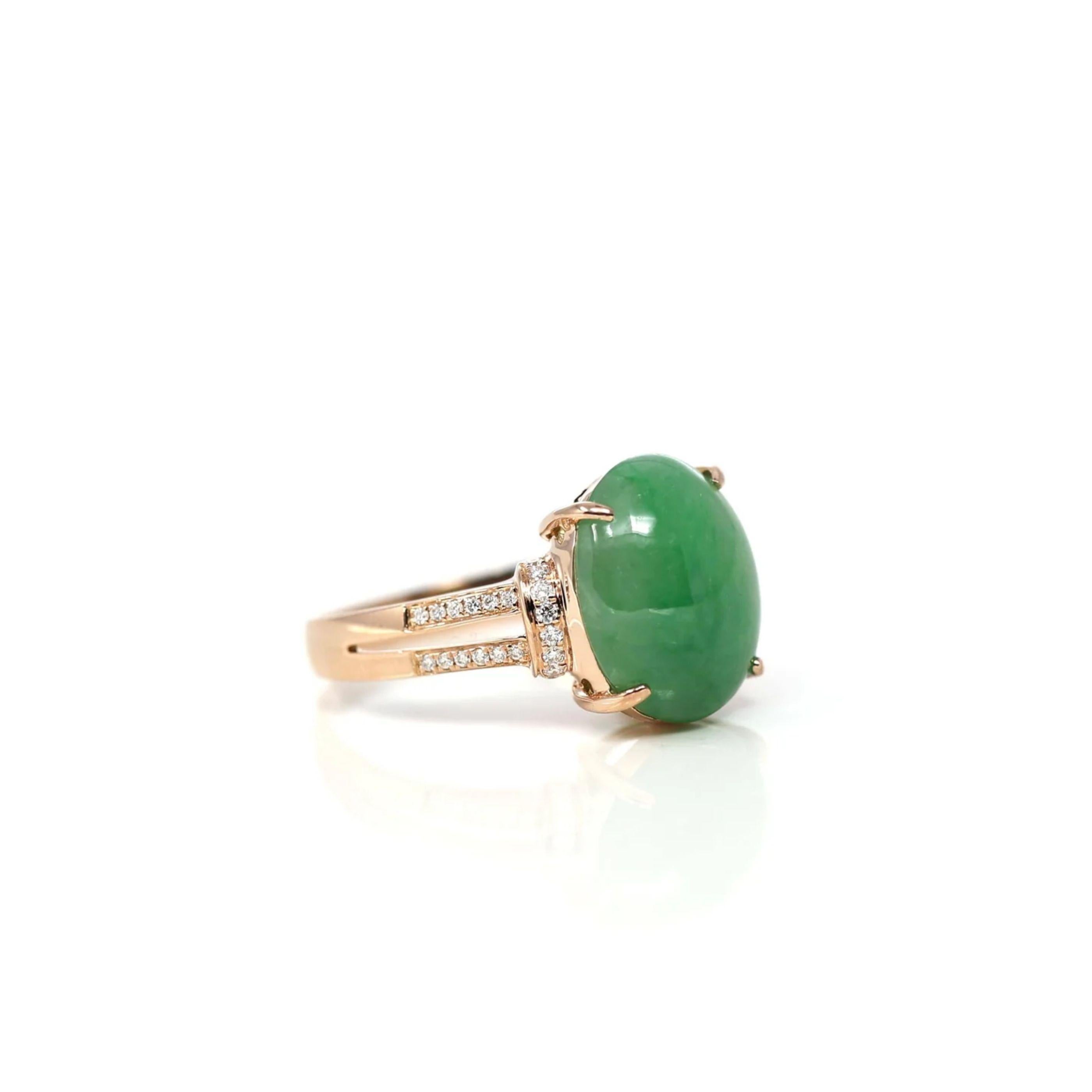 * ORIGINAL DESIGN --- Inspired by the natural beauty of genuine Burmese Imperial Green Jadeite, the rich, beautiful apple green color is found on no other stone. This one of a kind engagement ring combines the natural beauty of the extremely rare