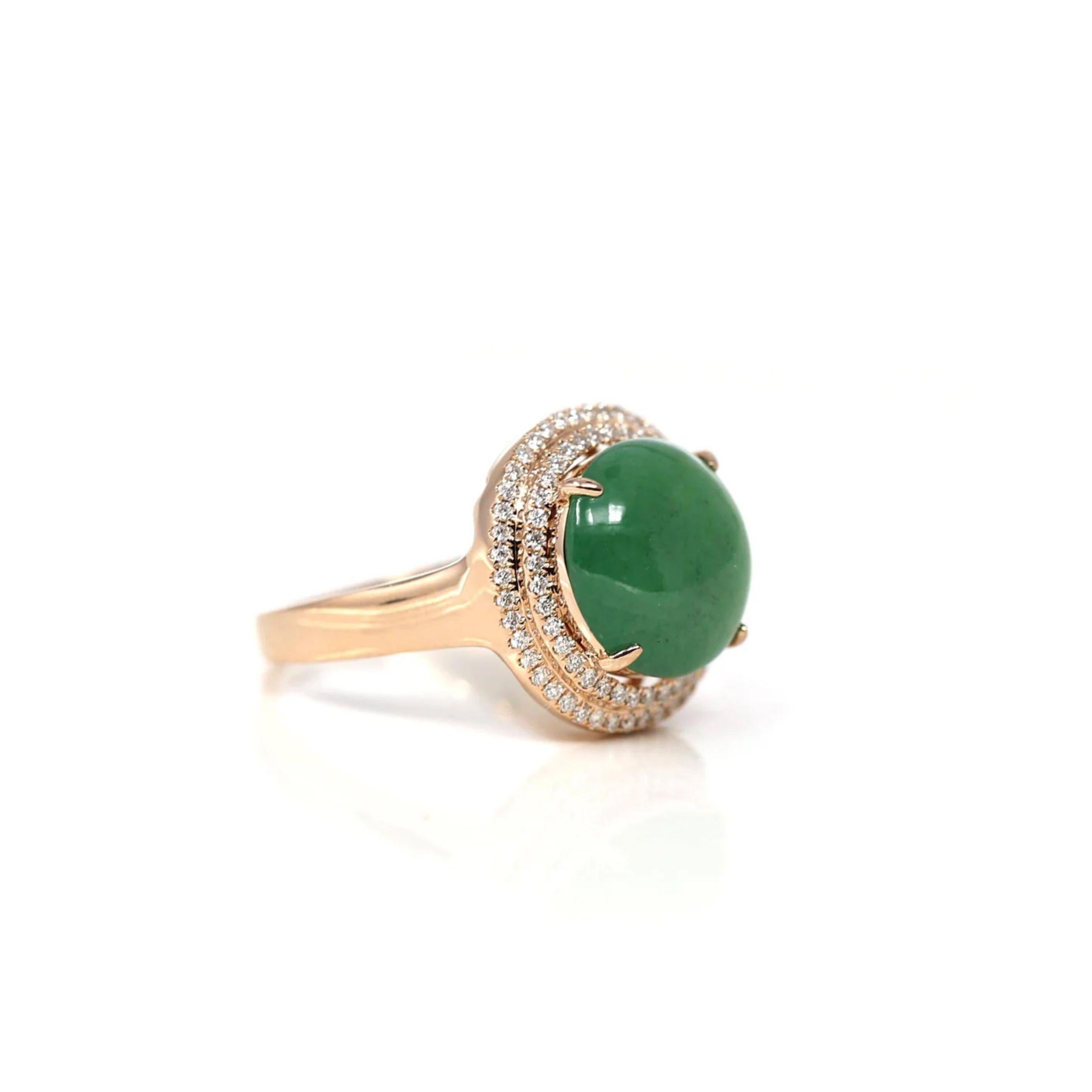 * ORIGINAL DESIGN --- Inspired by the natural beauty of genuine Burmese Imperial Green Jadeite, the rich, beautiful apple green color is found on no other stone. This one of a kind engagement ring combines the natural beauty of the extremely rare