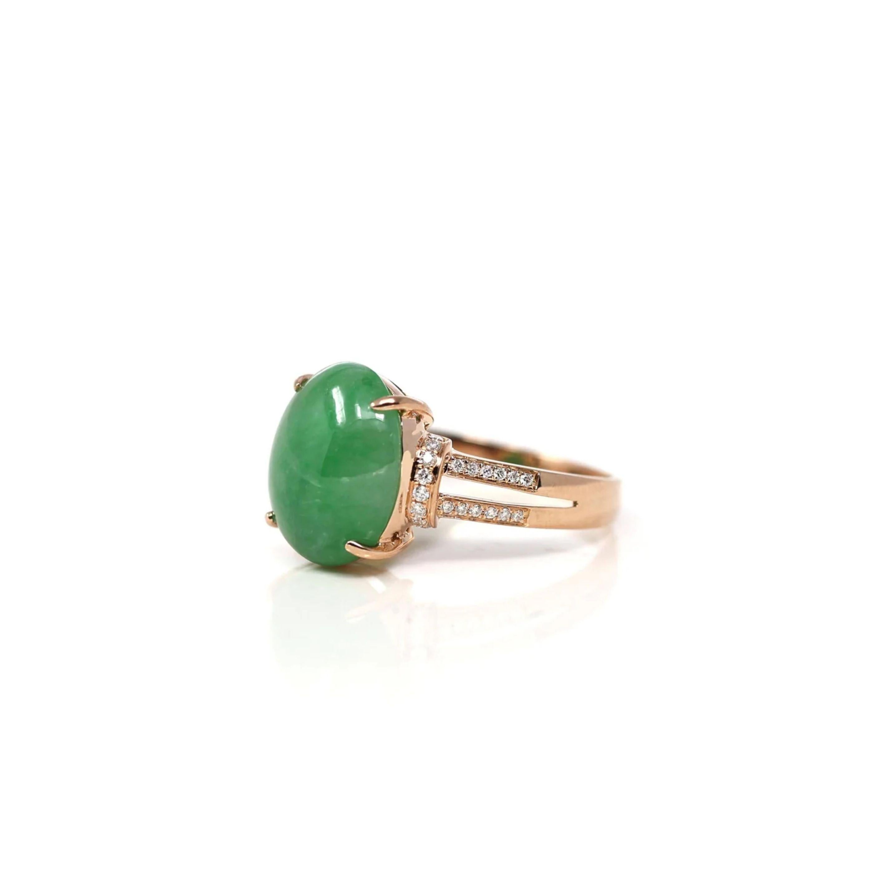 Artist 18k Rose Gold Natural Imperial Green Oval Jadeite Jade Engagement Ring Diamonds For Sale