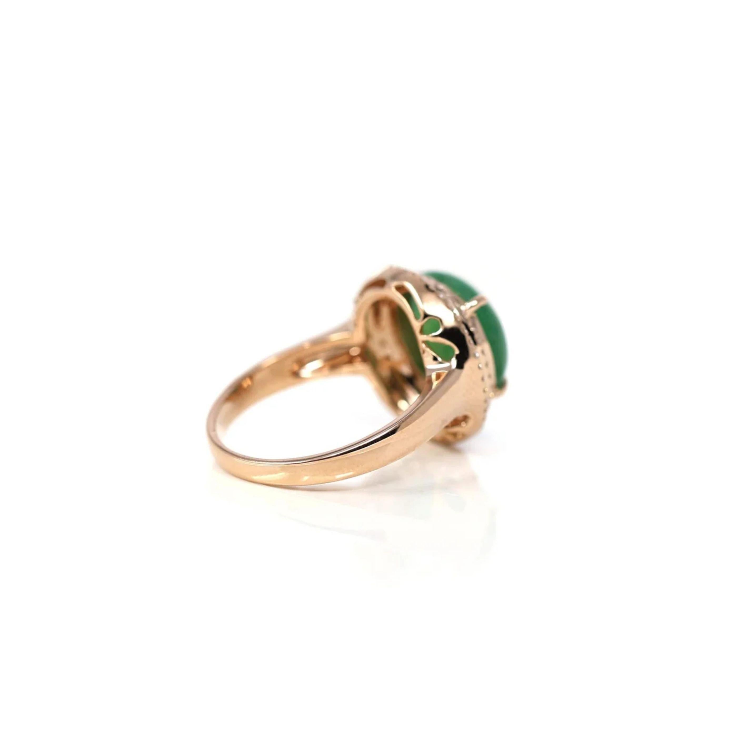 Artist 18k Rose Gold Natural Imperial Green Oval Jadeite Jade Engagement Ring Diamonds For Sale