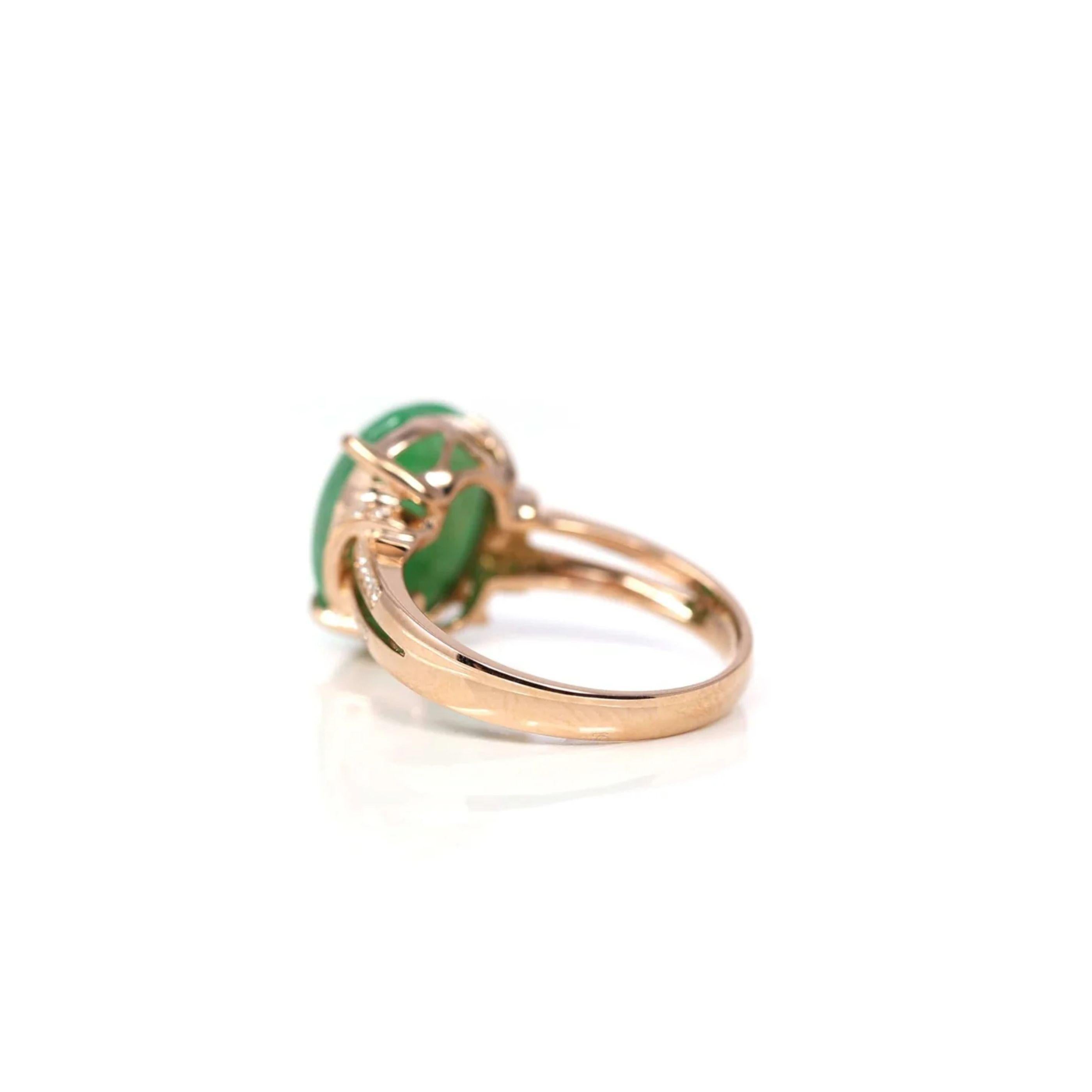 18k Rose Gold Natural Imperial Green Oval Jadeite Jade Engagement Ring Diamonds In New Condition For Sale In Portland, OR