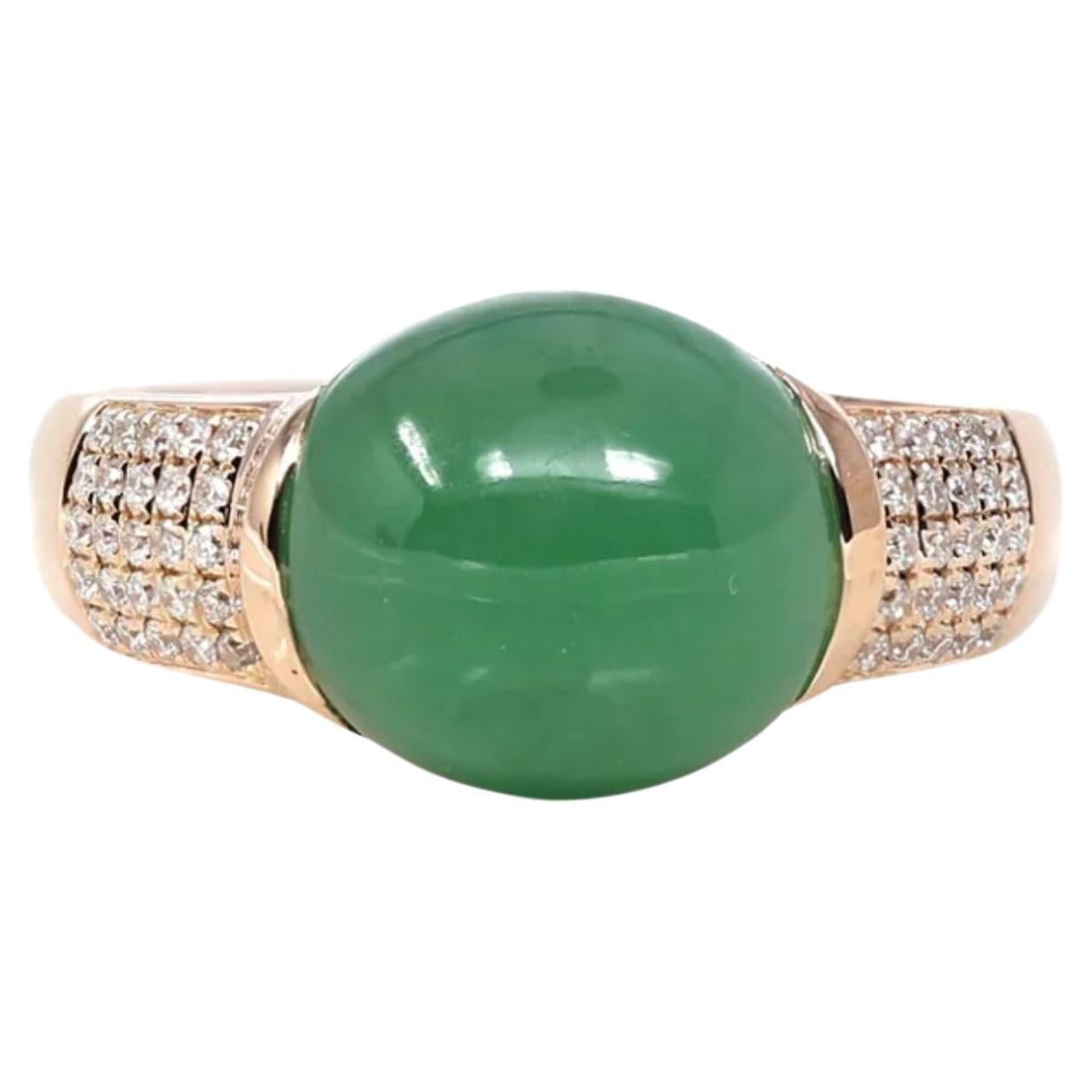 18k Rose Gold Natural Imperial Green Oval Jadeite Jade Engagement Ring Diamonds For Sale