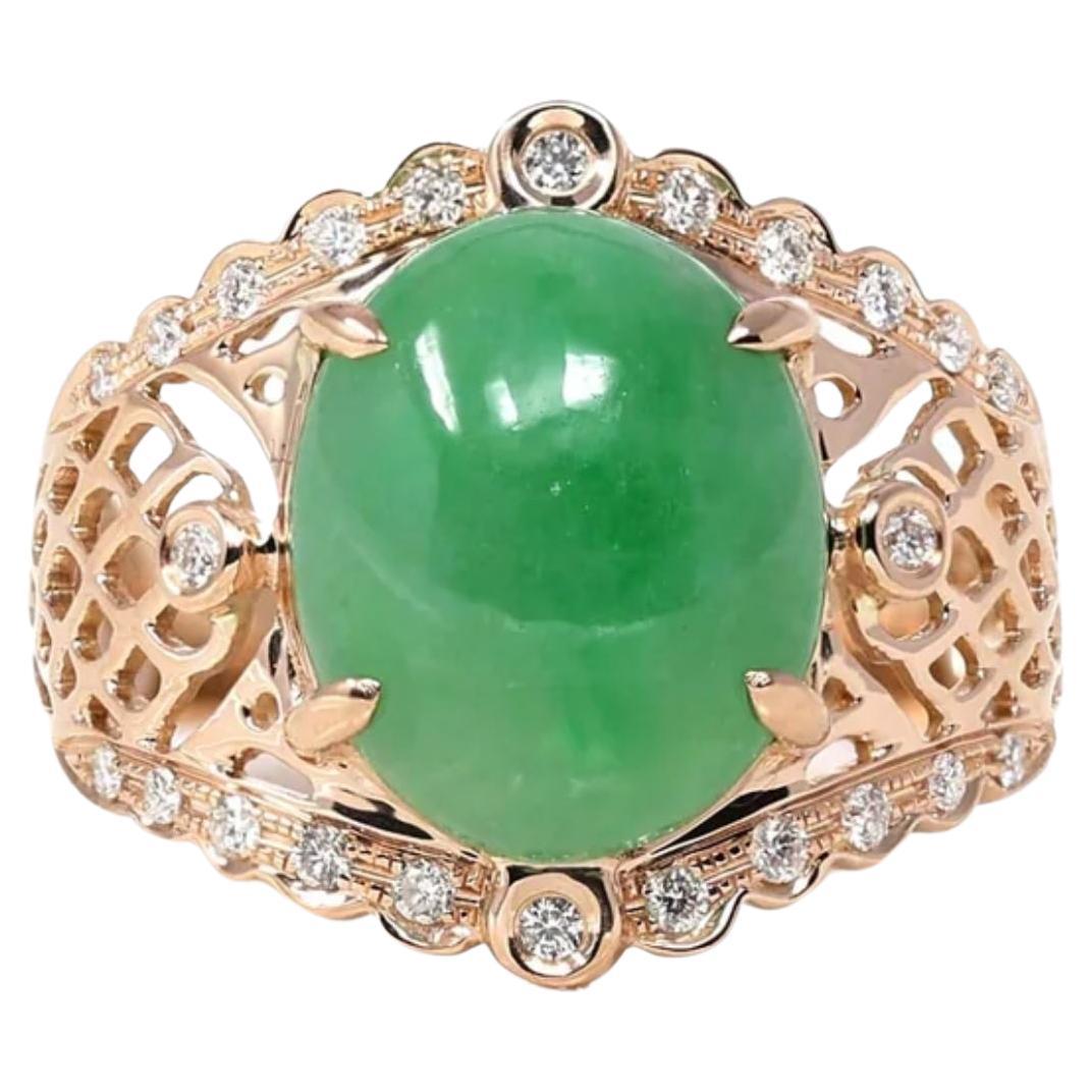 18k White Gold Natural Imperial Green Oval Jadeite Jade Engagement Ring Diamonds For Sale at