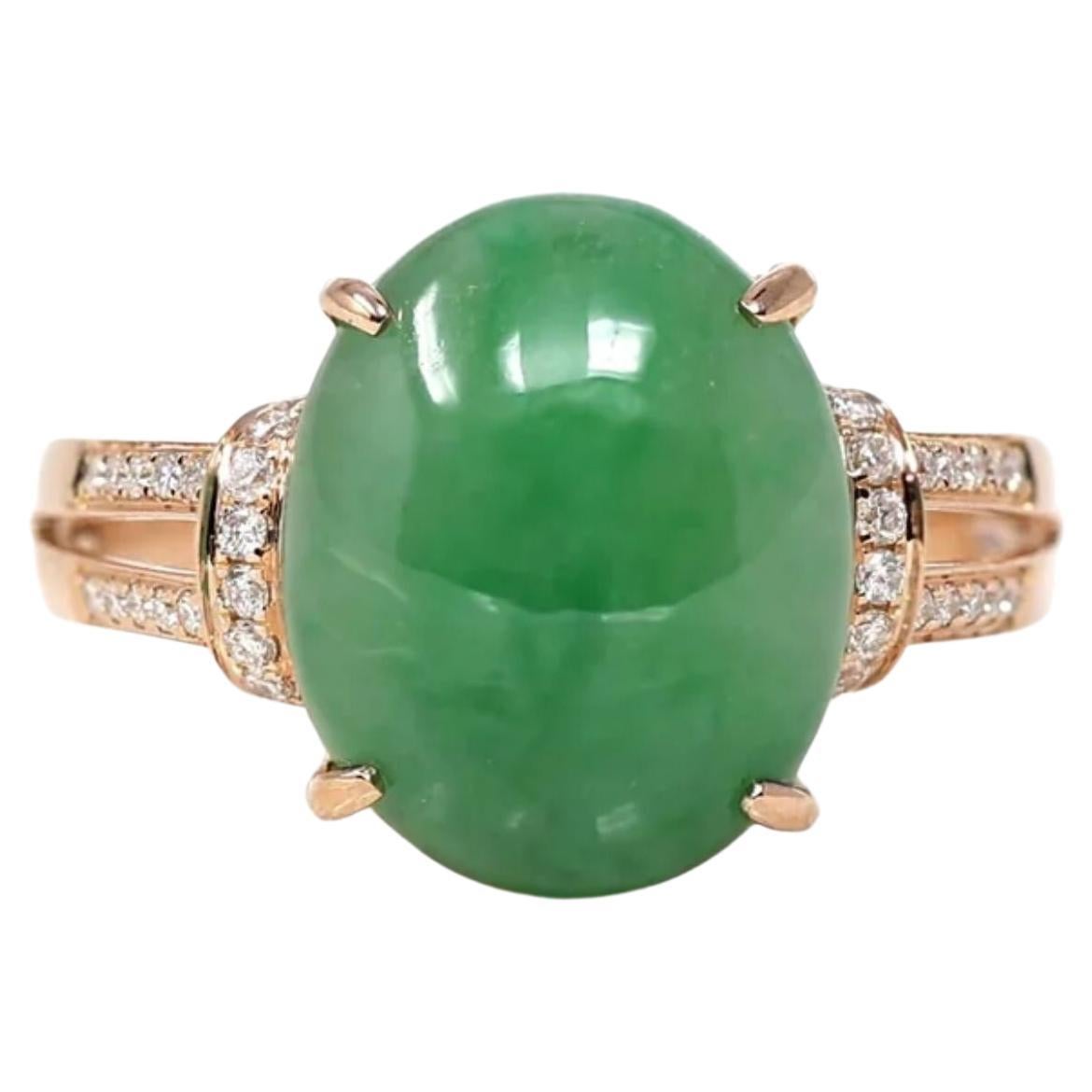 18k Rose Gold Natural Imperial Green Oval Jadeite Jade Engagement Ring Diamonds For Sale