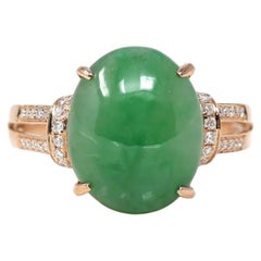 18 Karat Roségold Natürlicher kaiserlich-grüner ovaler Jadeit Jade Verlobungsring Diamanten