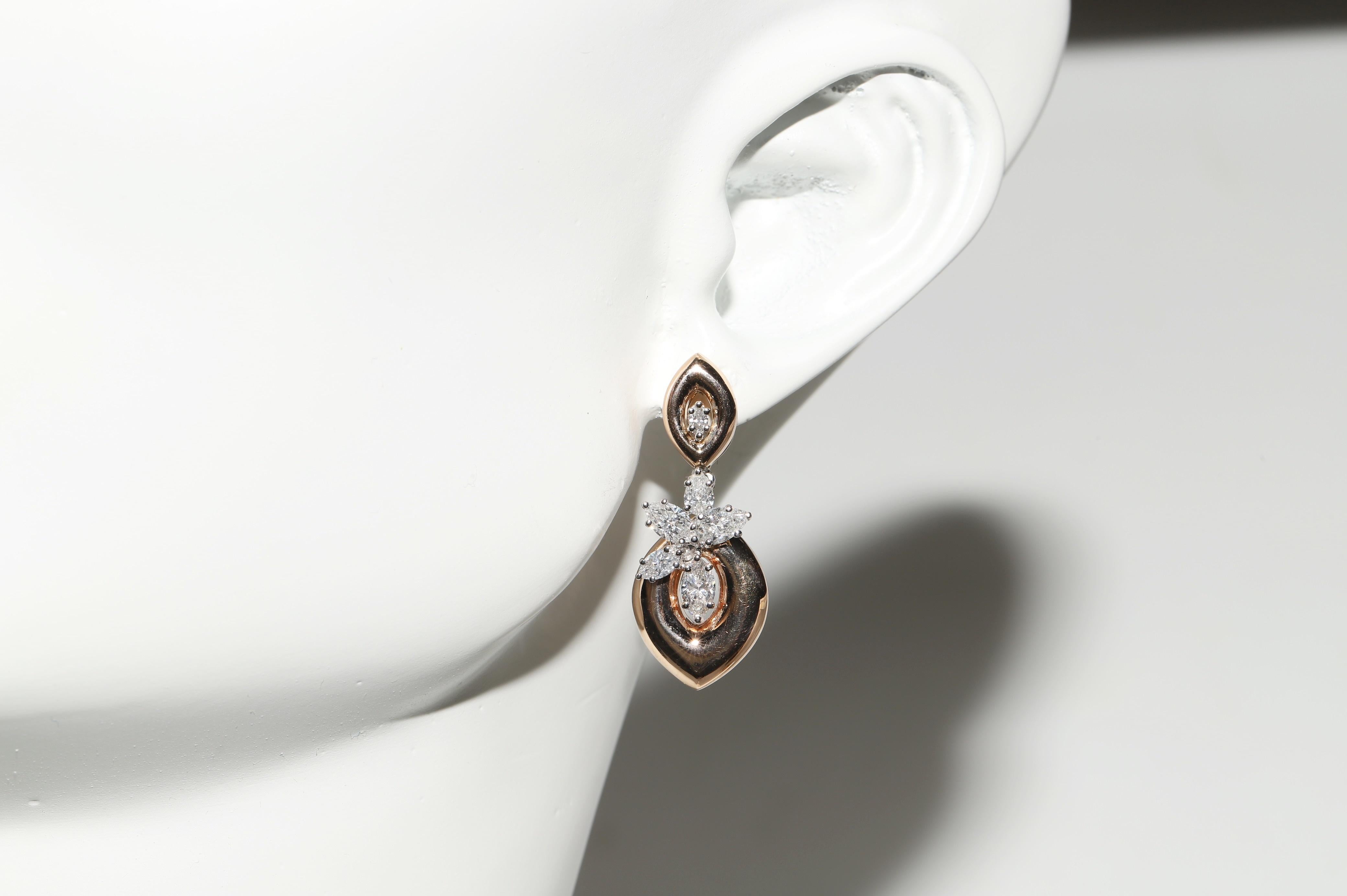 18k Rose Gold Natural Marquise Cut Diamond Decorated Drop Earring For Sale 9