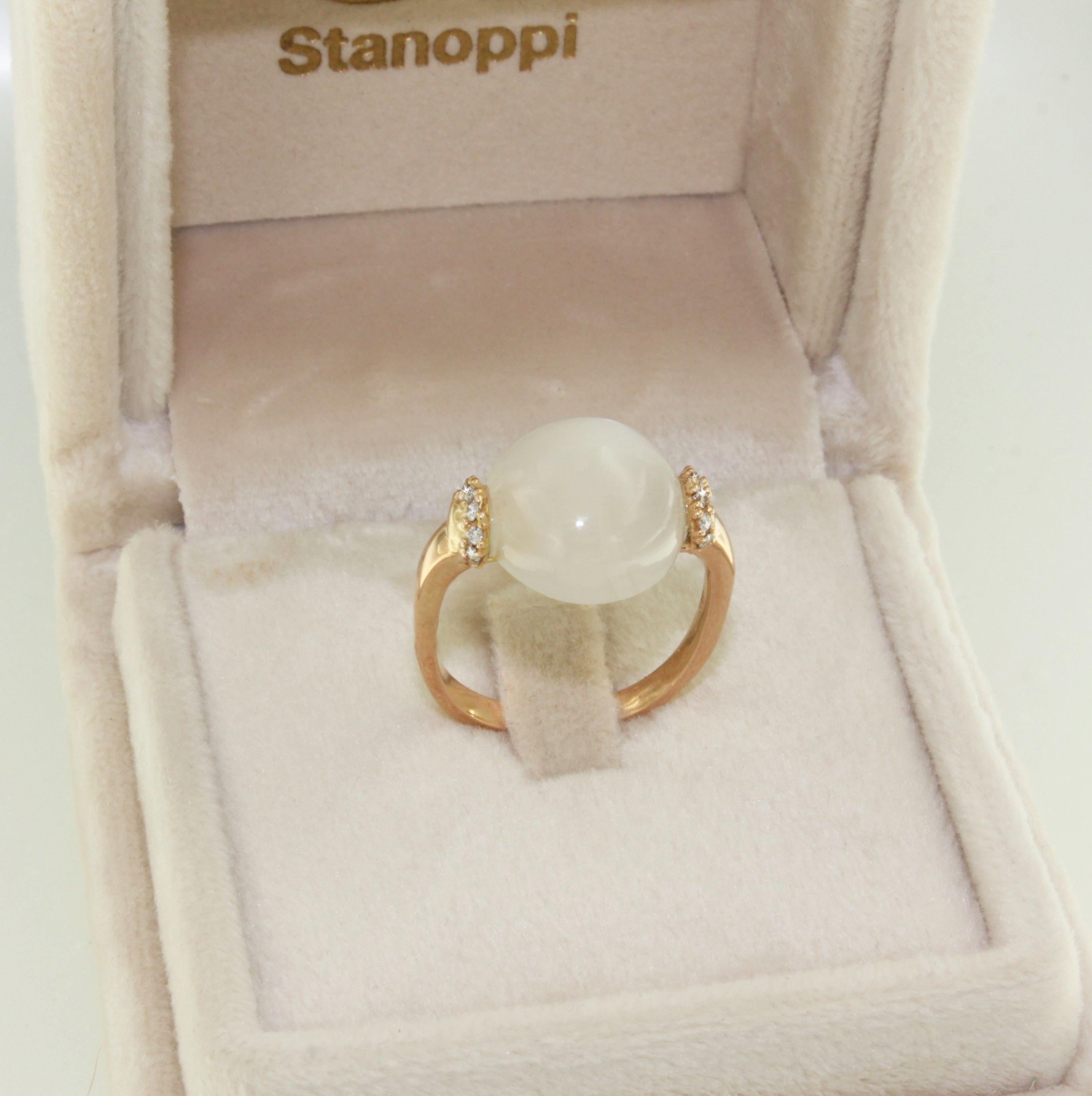 Women's or Men's 18k Rose Gold Natural MoonStone White Diamonds  Modern Cocktail Design Ring For Sale