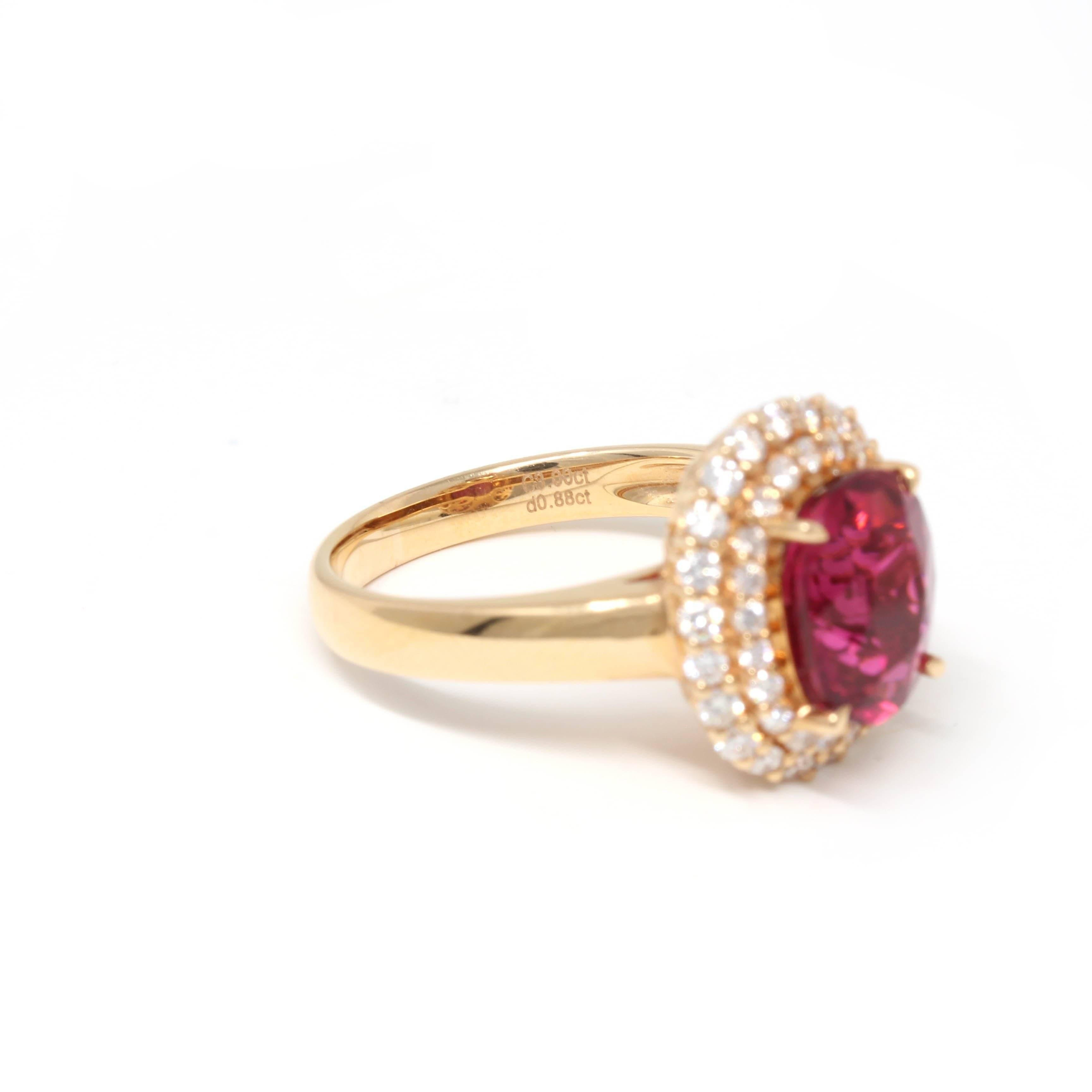 * Design Concept--- This ring features an oval natural Sri Lanka 3.0 ct Red Tourmaline the color is matched by a high-quality ruby. The design is classic yet elegant. The ring looks very exquisite with 0.88 ct diamonds halo. Baikalla artisans are
