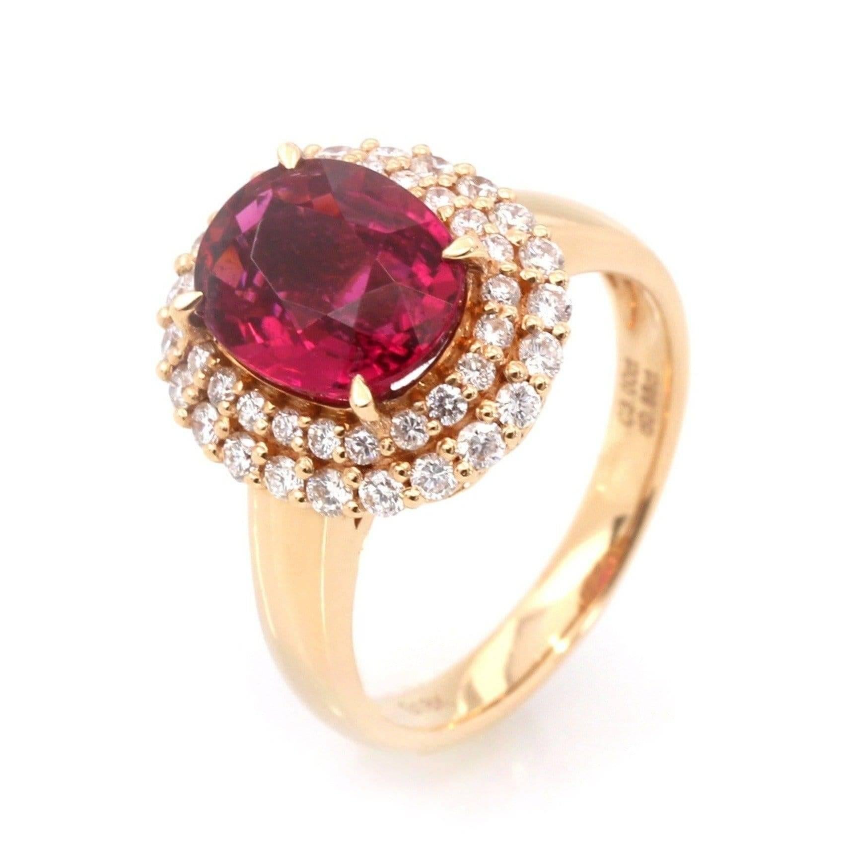 Artist 18k Rose Gold Natural Red Tourmaline with Diamonds Halo Ring For Sale