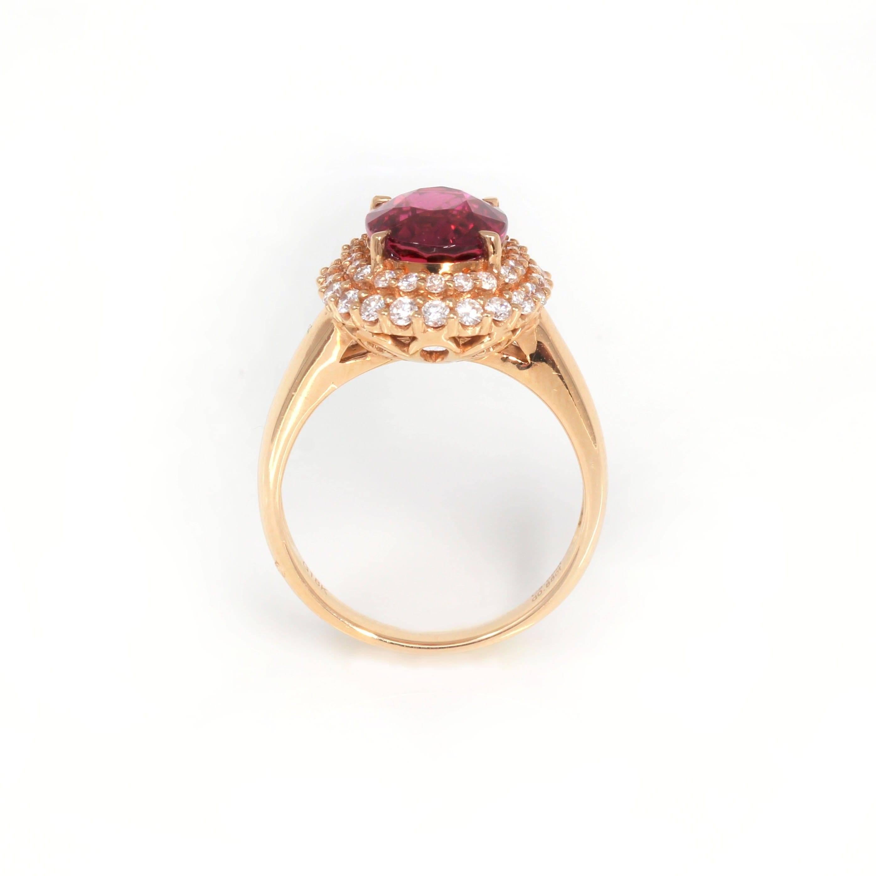 Oval Cut 18k Rose Gold Natural Red Tourmaline with Diamonds Halo Ring For Sale
