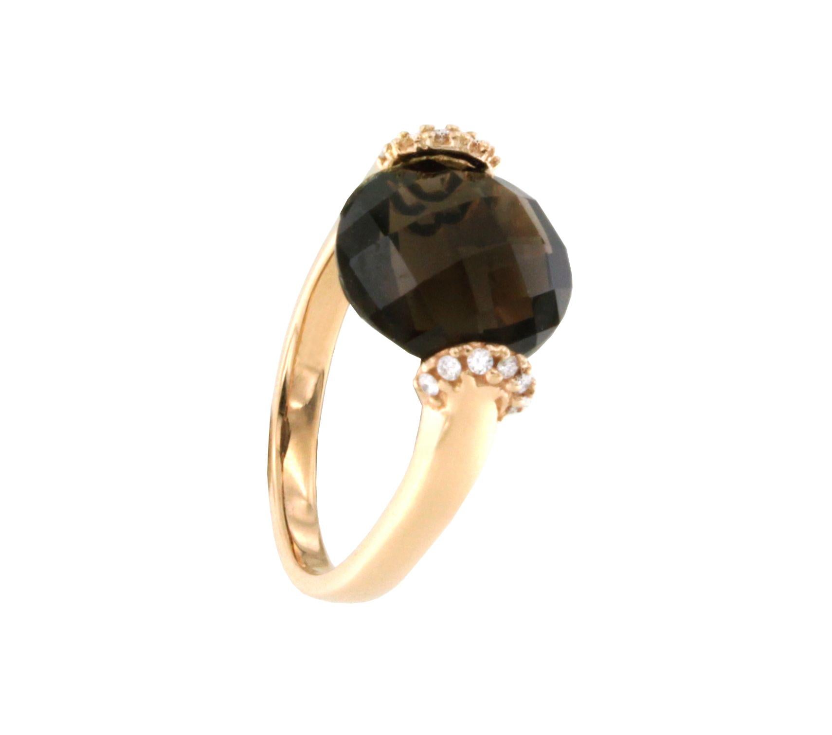 Rose Cut 18k Rose Gold Natural Smoke Qurartz and White Diamonds Modern Cocktail Ring For Sale