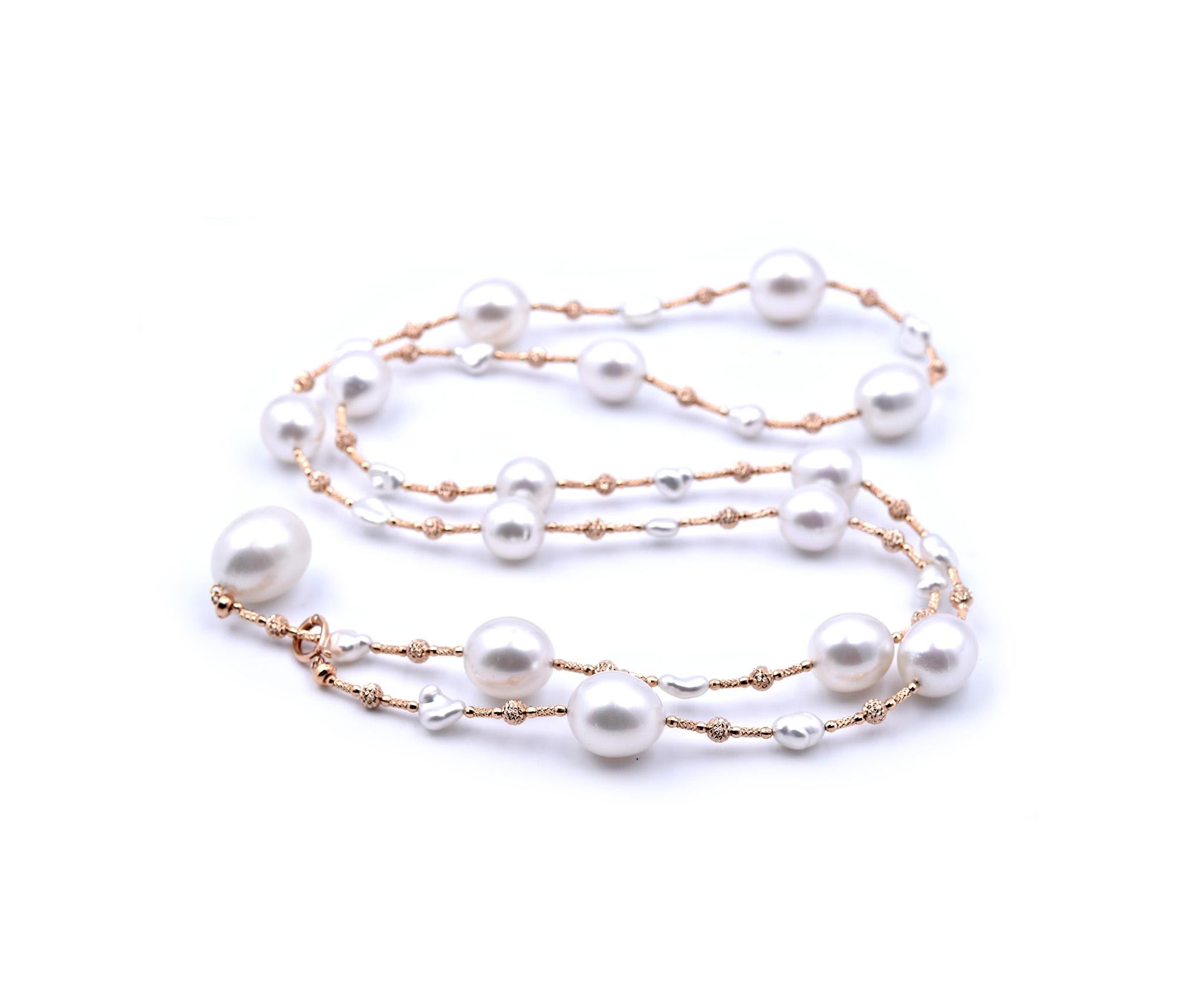 Designer: custom 
Material: 18k rose gold
Pearls: natural South Sea pearls range from 14mm – 11mm
Dimensions: necklace is 32 inches long 
Weight: 59.77 grams
