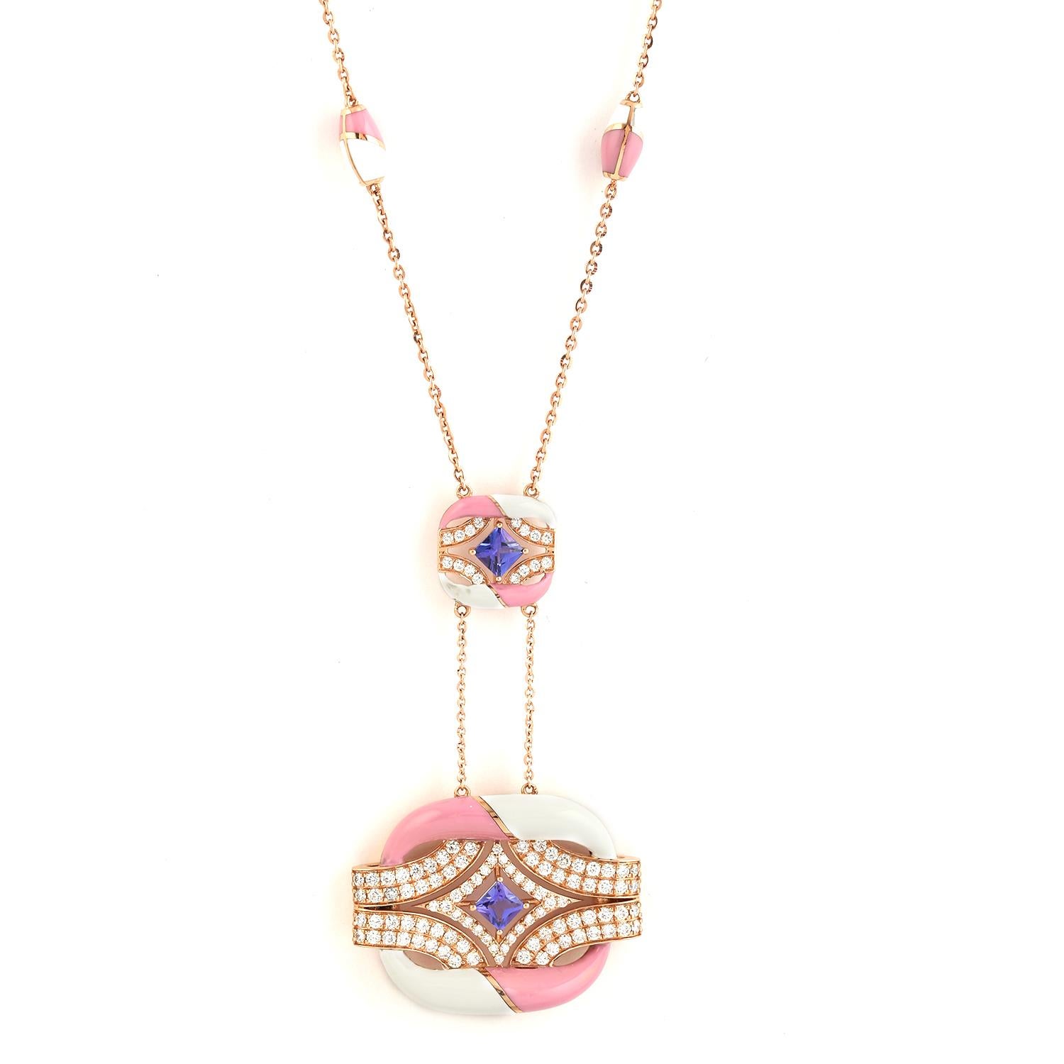 Mixed Cut 18k Rose Gold Necklace With Center Tanzanite and Pink & White Ceramic Stations For Sale