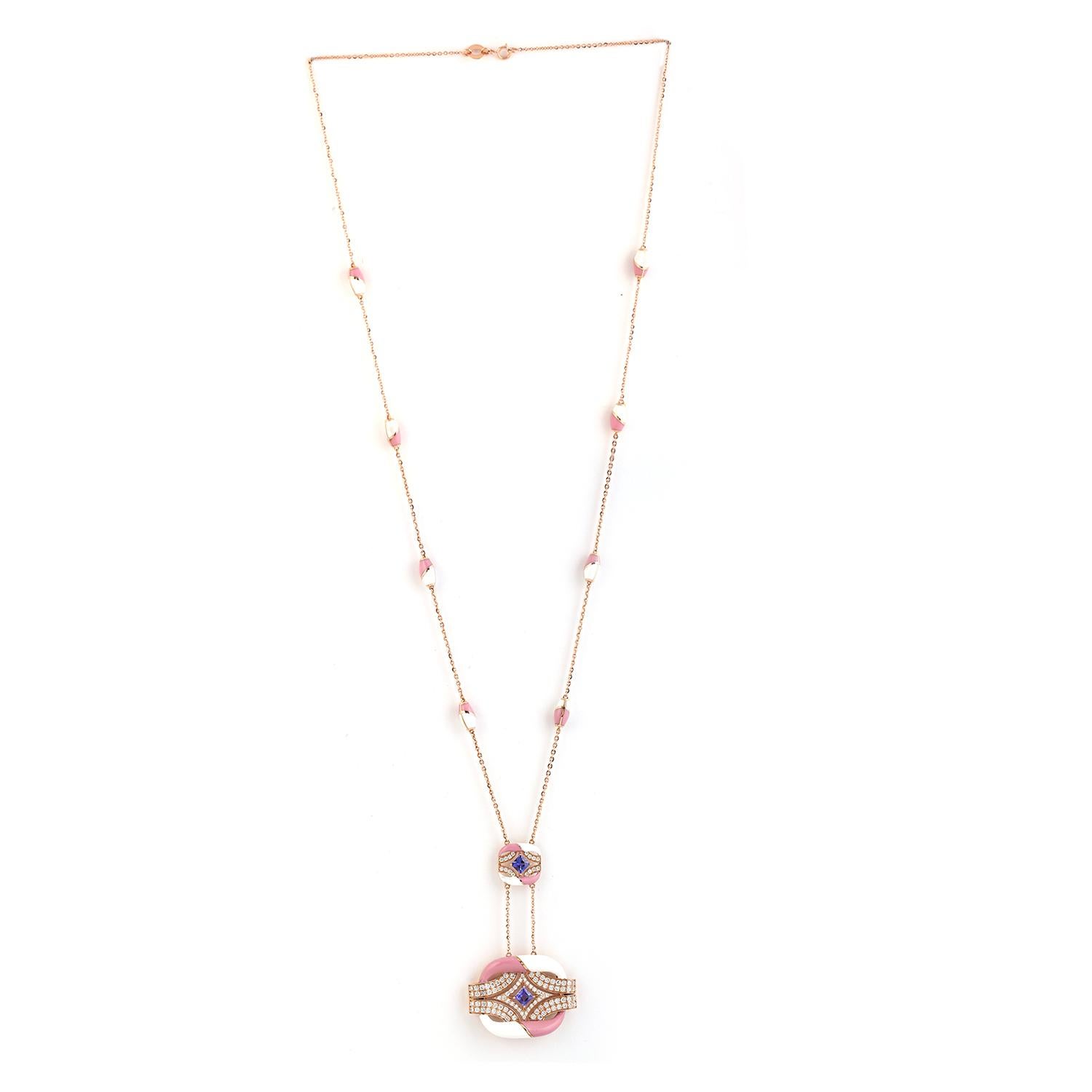 18k Rose Gold Necklace With Center Tanzanite and Pink & White Ceramic Stations In New Condition For Sale In New York, NY