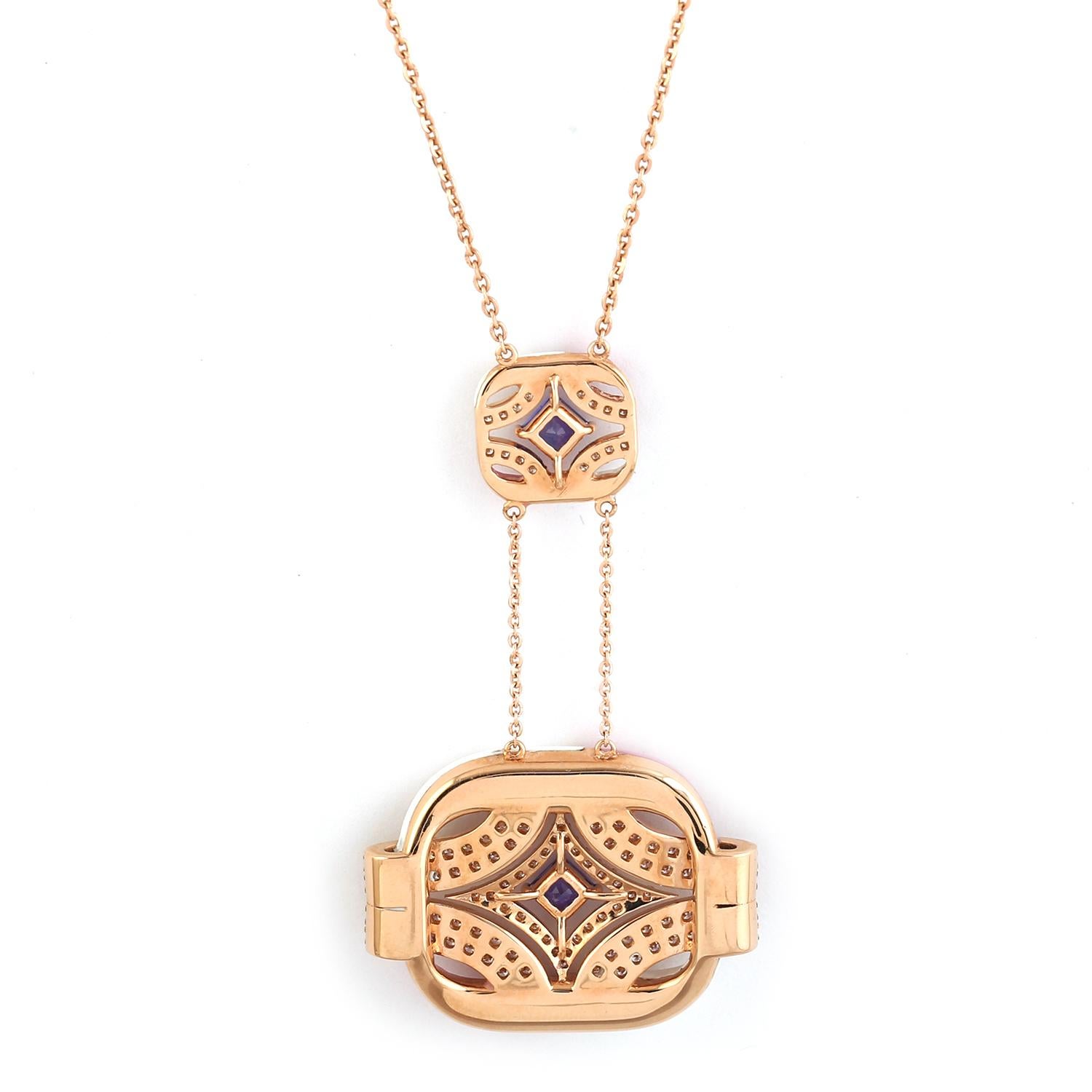 Women's 18k Rose Gold Necklace With Center Tanzanite and Pink & White Ceramic Stations For Sale