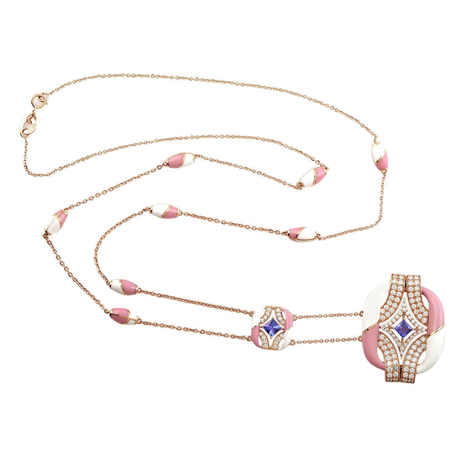 18 Karat Roségold Halskette mit Tansanit in der Mitte und rosa und weißen Keramik Stationen im Angebot 1