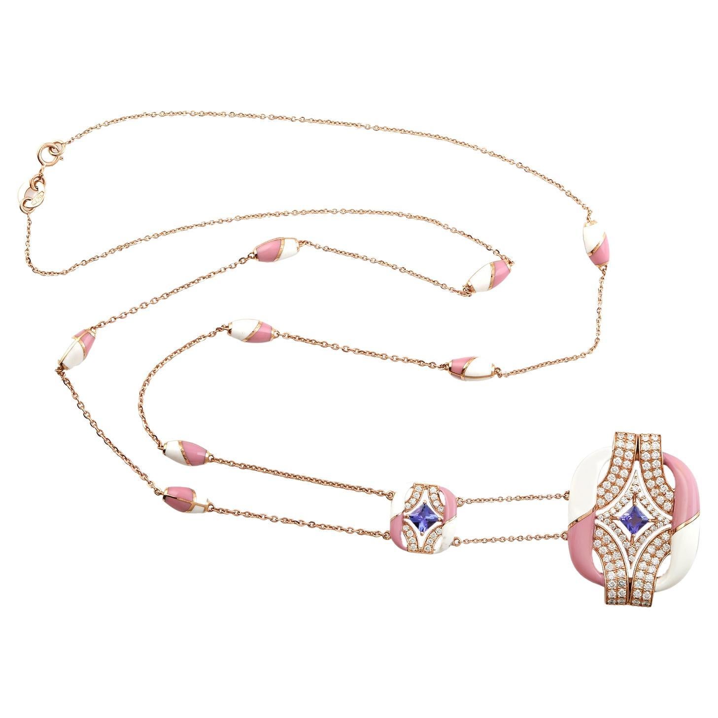 18k Rose Gold Necklace With Center Tanzanite and Pink & White Ceramic Stations For Sale