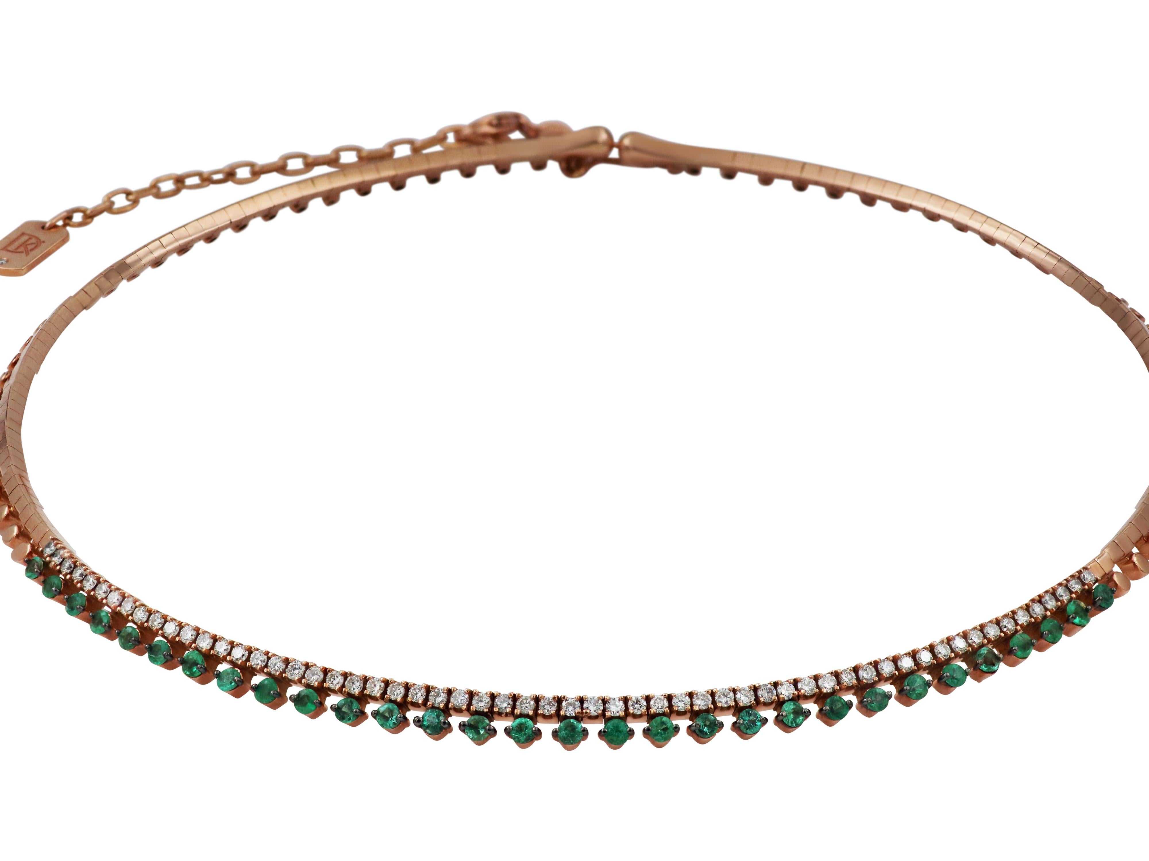 Modern 18k Rose Gold Necklace with Emeralds and Diamonds For Sale