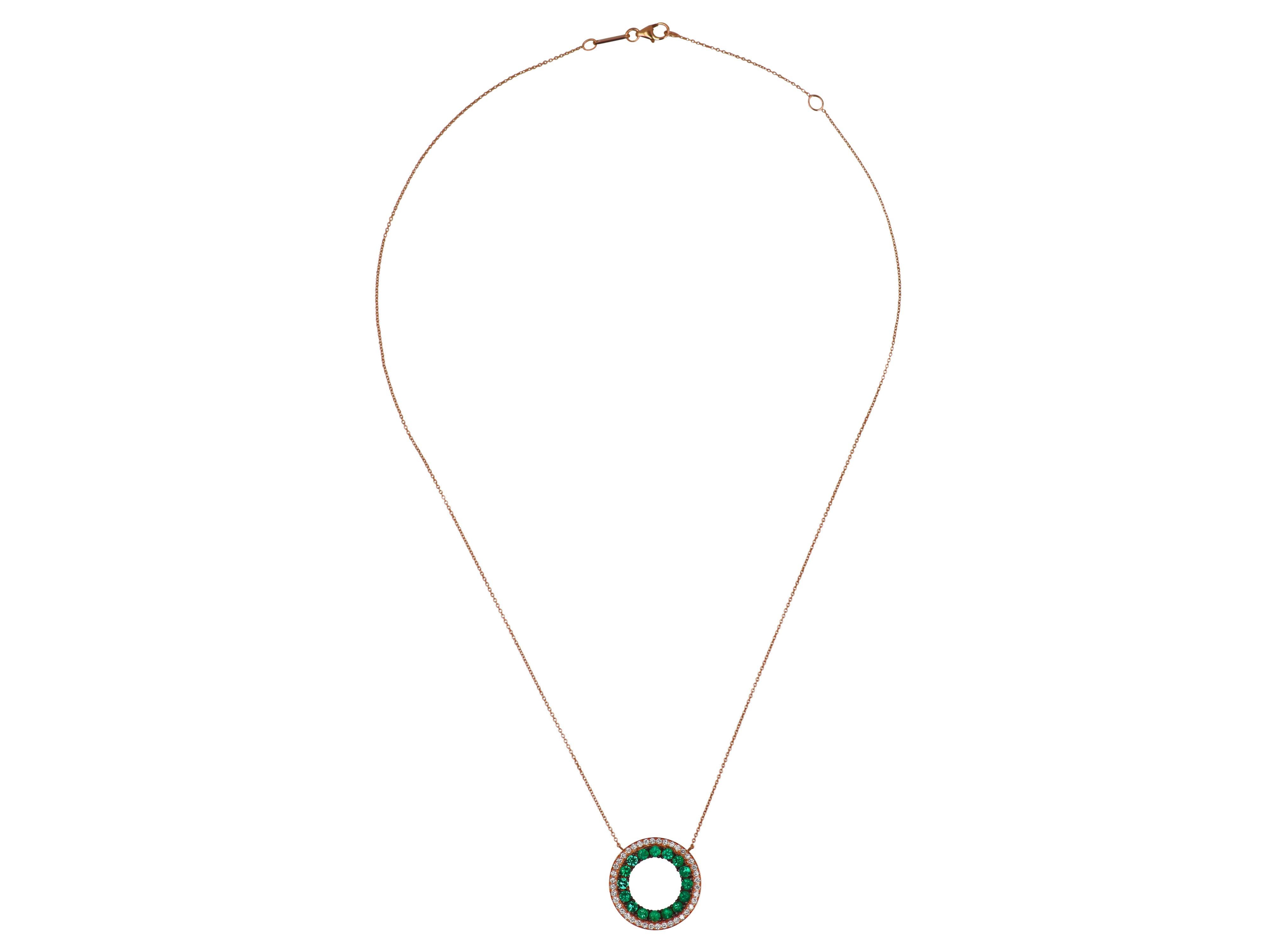 Modern 18k Rose Gold Necklace with Emeralds and White Diamonds For Sale