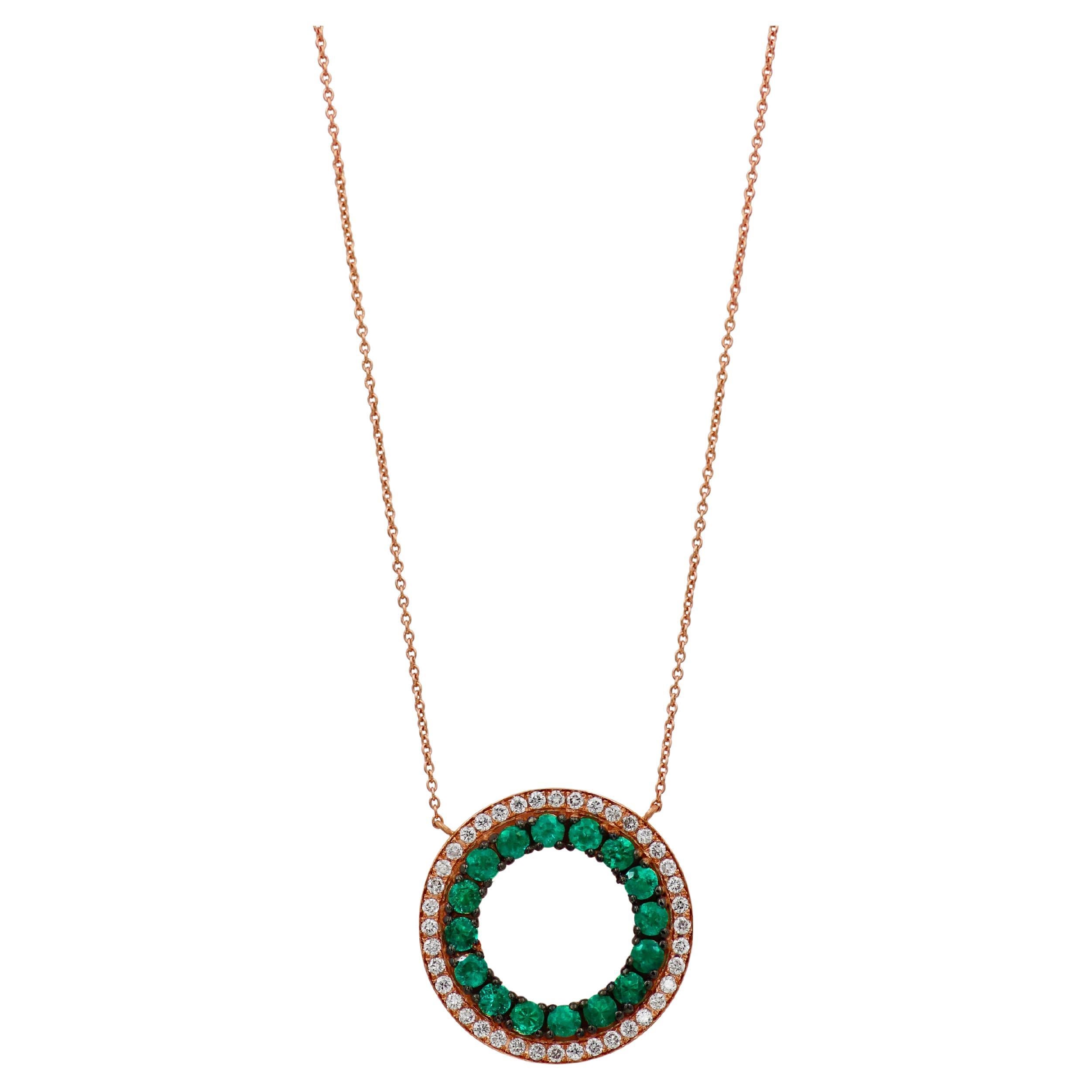 18k Rose Gold Necklace with Emeralds and White Diamonds For Sale