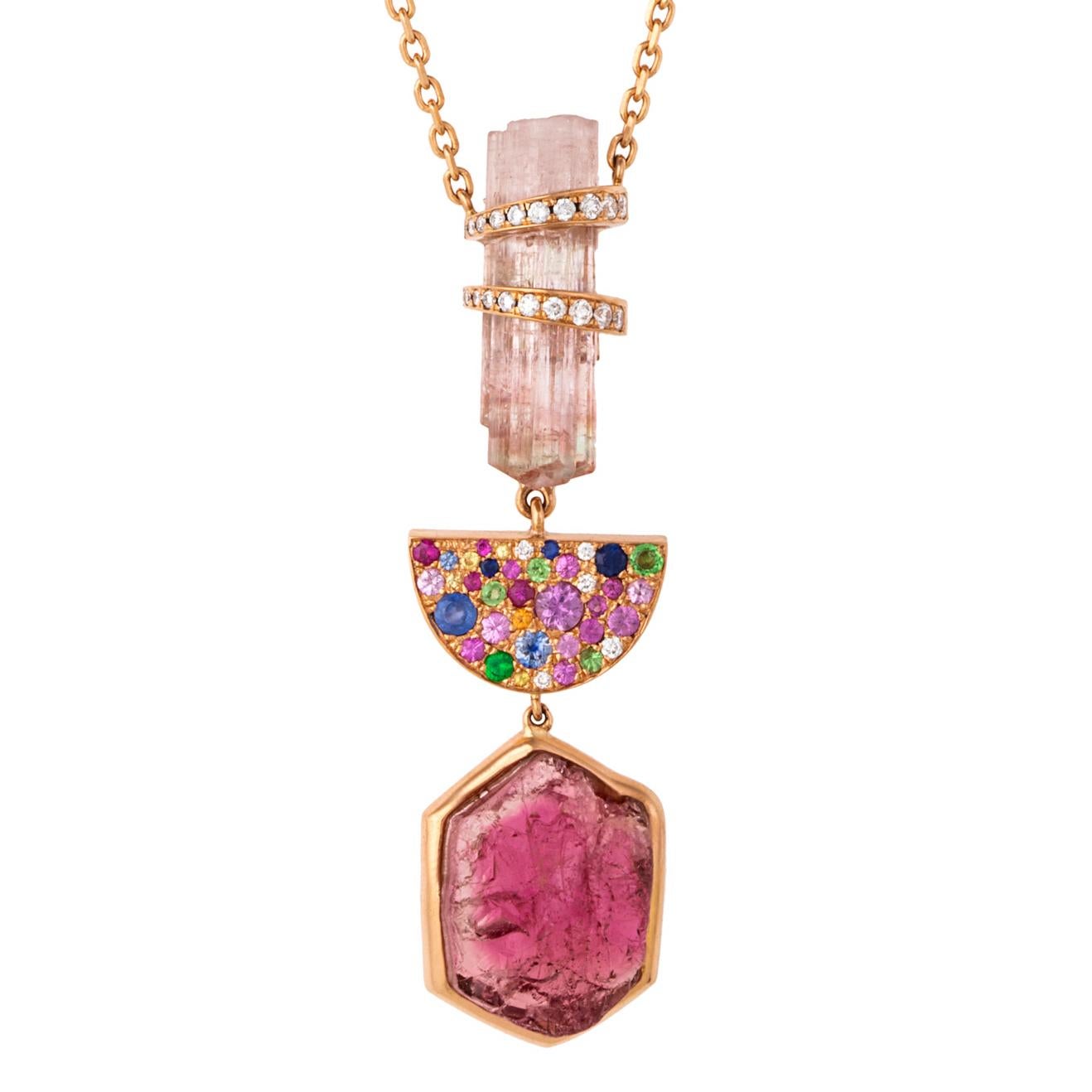 Brilliant Cut 18k Rose Gold Necklace with Tourmaline, Amethysts, Sapphires and Diamonds For Sale