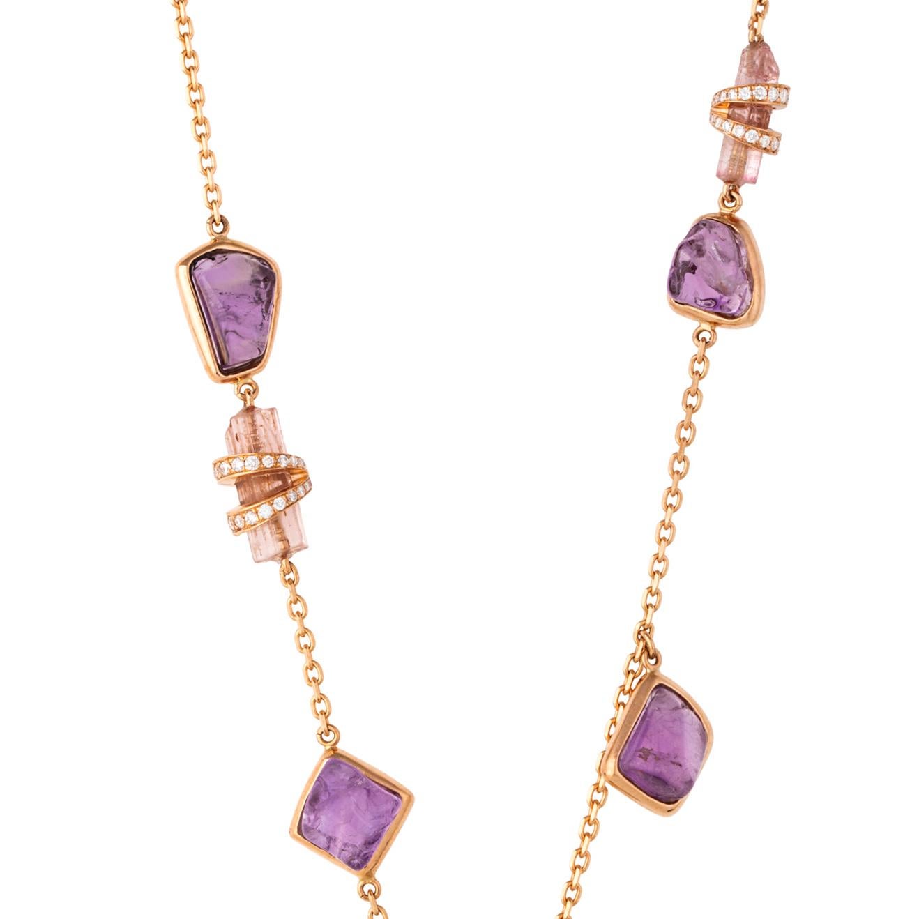 18k Rose Gold Necklace with Tourmaline, Amethysts, Sapphires and Diamonds In New Condition For Sale In London, GB