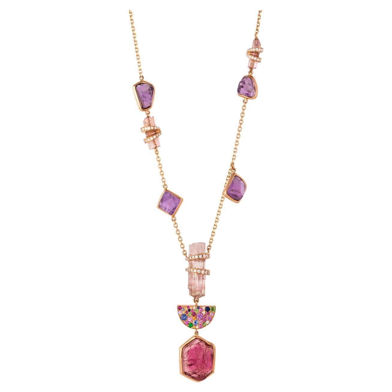 18k Rose Gold Necklace with Tourmaline, Amethysts, Sapphires and Diamonds For Sale