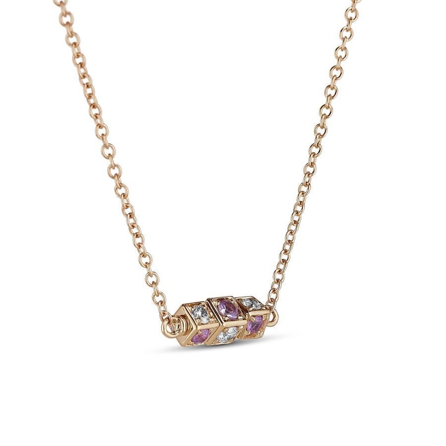Faro collection necklace in 18K rose gold with rotating cube elements set with white diamonds (approx. 0.48 carats) and pink sapphires (approx. 0.61 carats)
