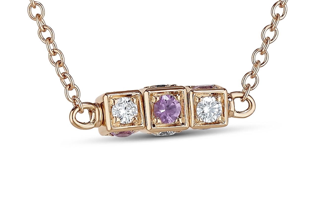 Round Cut 18K Rose Gold Necklace with White Diamonds and Pink Sapphires Cube Element For Sale