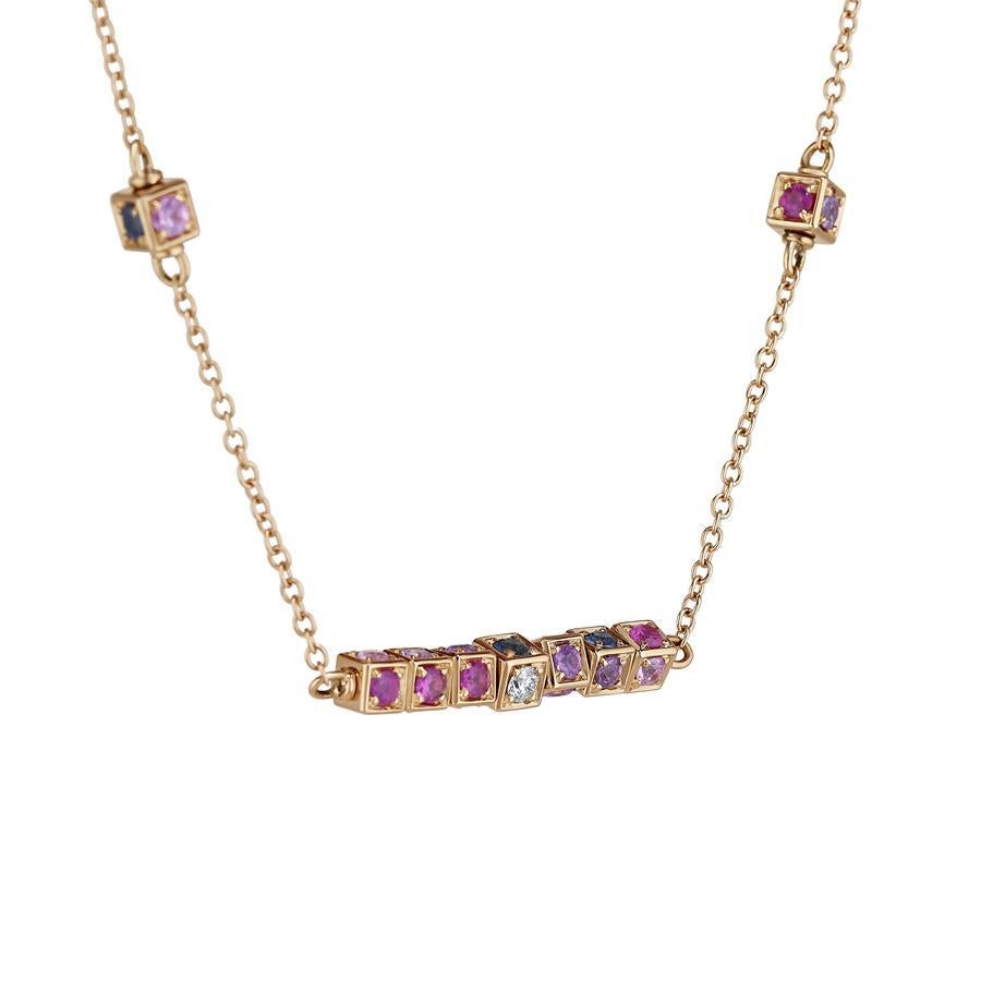 Faro collection necklace in 18K rose gold with rotating cube elements set with white diamonds (approx. 0.19 carats) and multi colored sapphires (approx. 2.81 carats)
