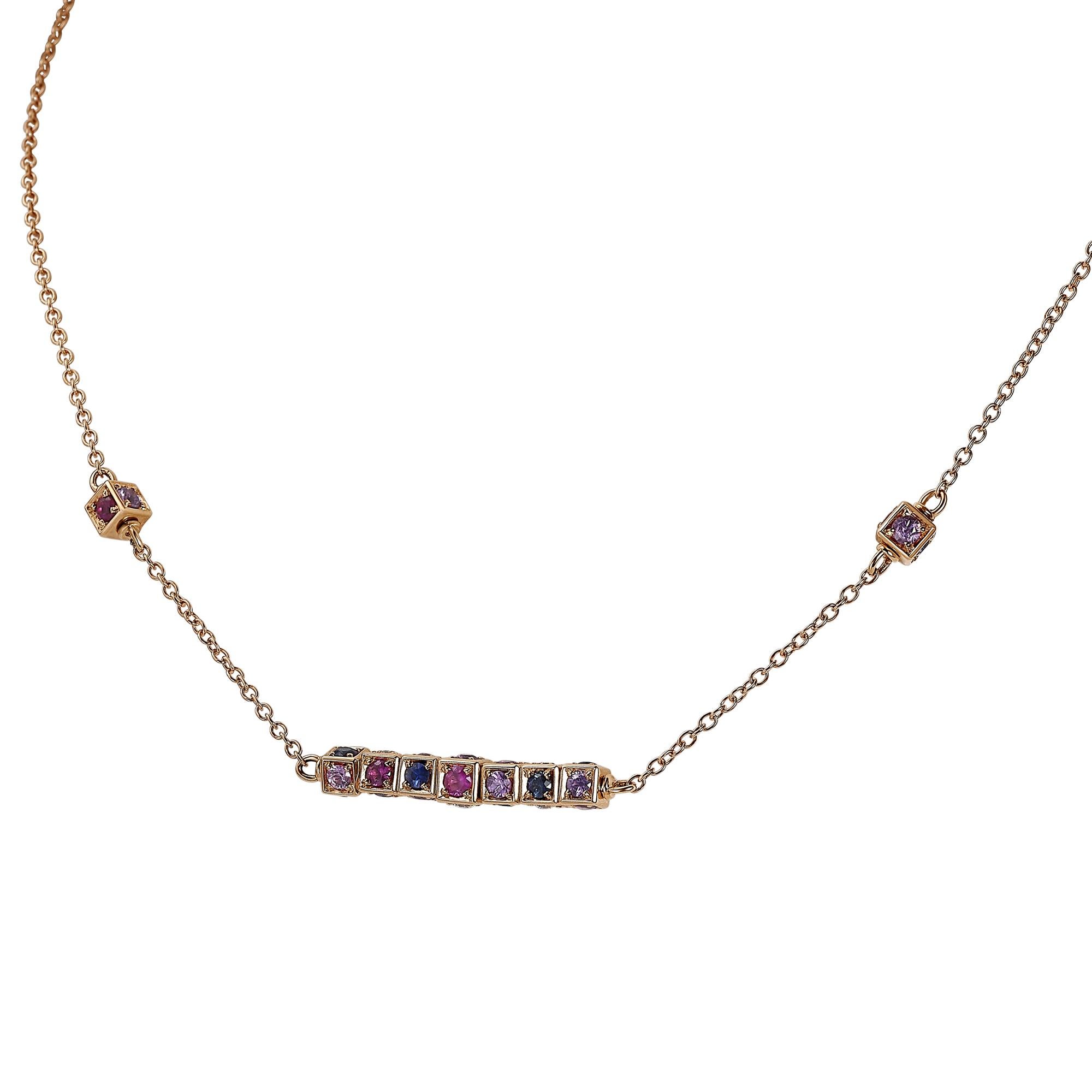 18K Rose Gold Necklace with White Diamonds & Multi Color Sapphires In New Condition For Sale In Huntington, NY