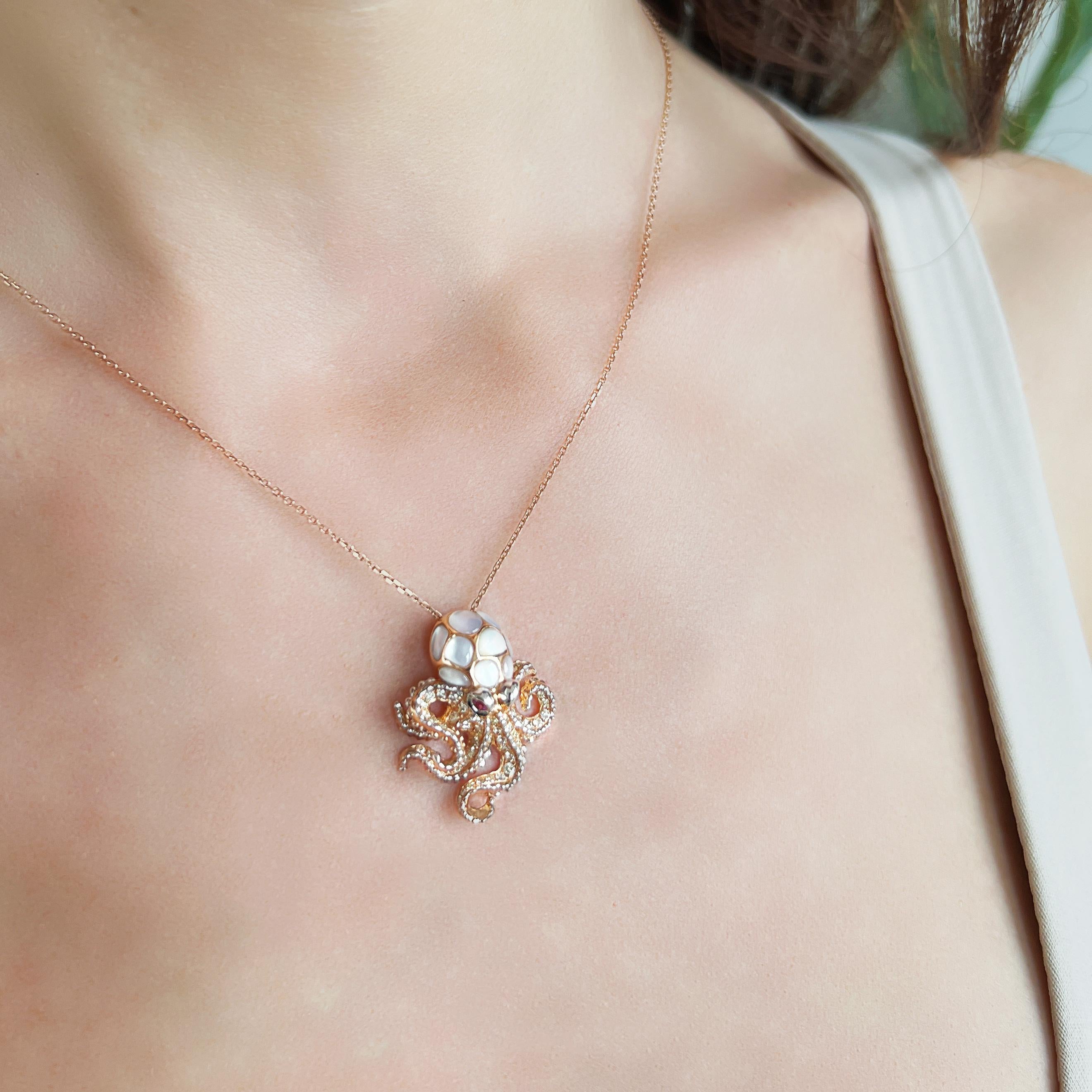 18K Rose Gold Octopus Diamond Pendant Necklace with Shell Layer and Rubies
Length: 16.5