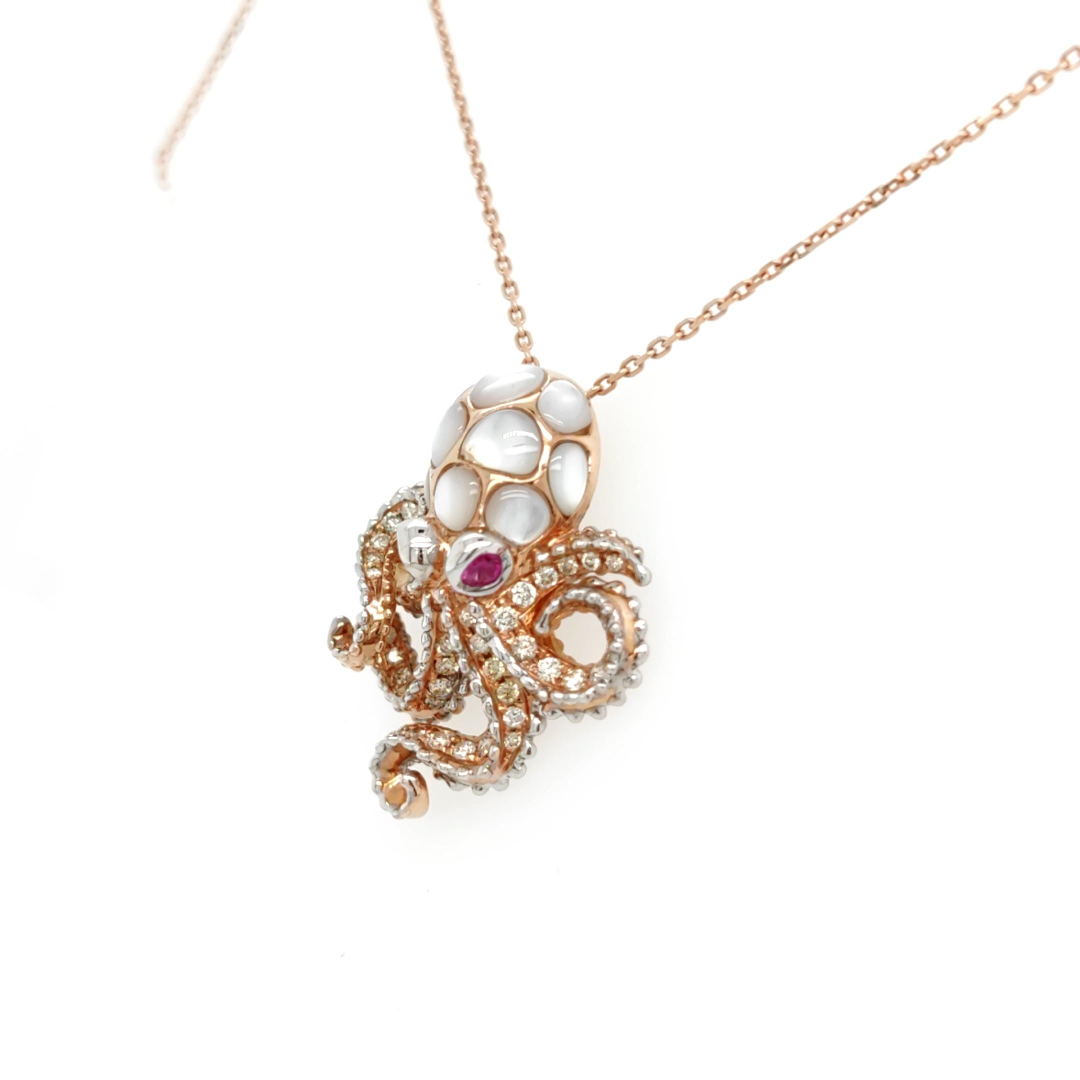 Modern 18K Rose Gold Octopus Diamond Pendant Necklace with Shell Layer and Rubies For Sale