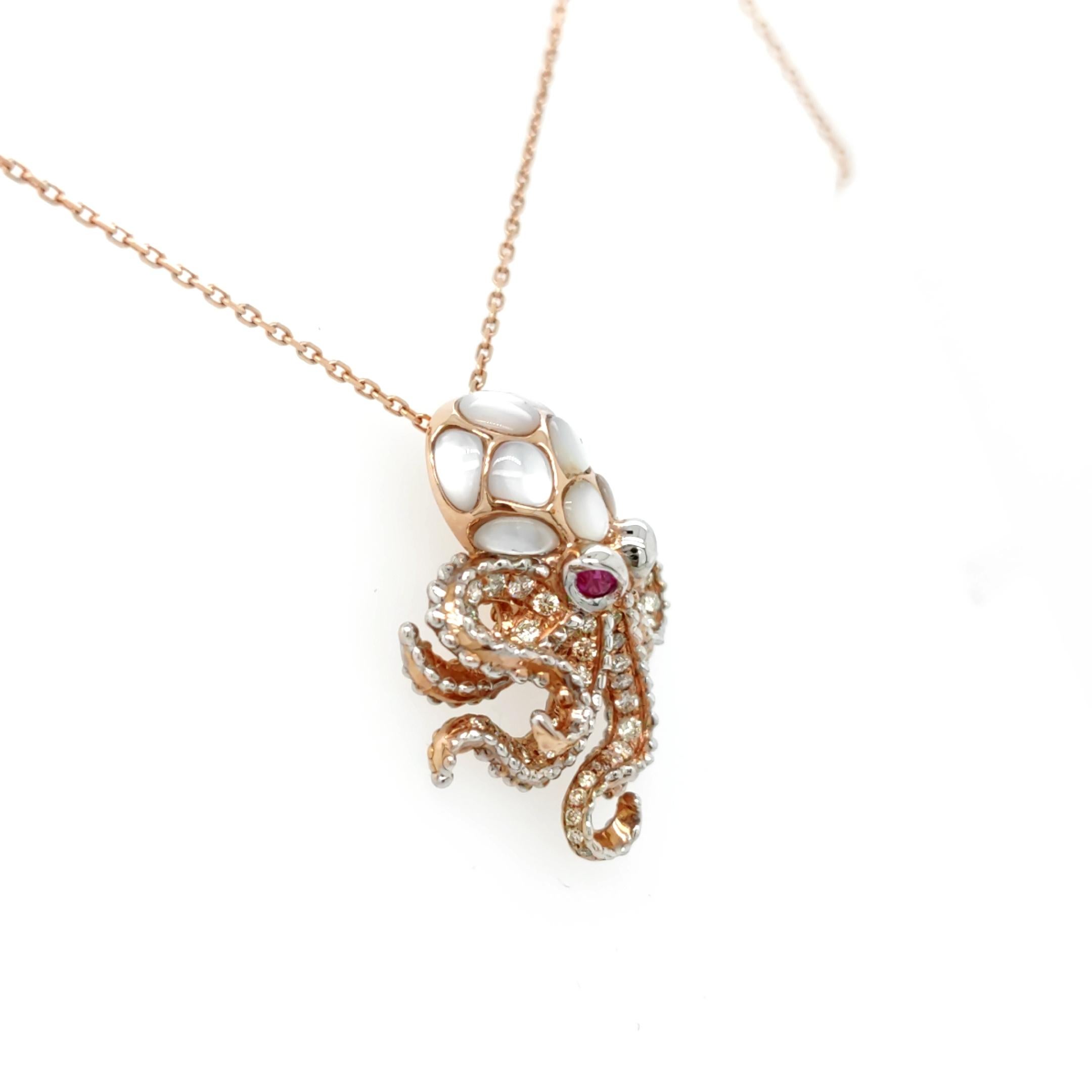 Round Cut 18K Rose Gold Octopus Diamond Pendant Necklace with Shell Layer and Rubies For Sale