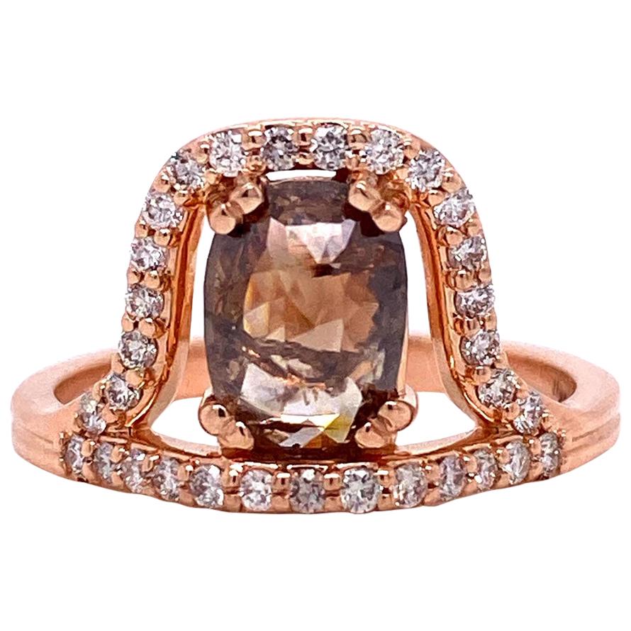 18 Karat Rose Gold Offset Cognac Diamond Ring with Champagne Diamond Halo For Sale