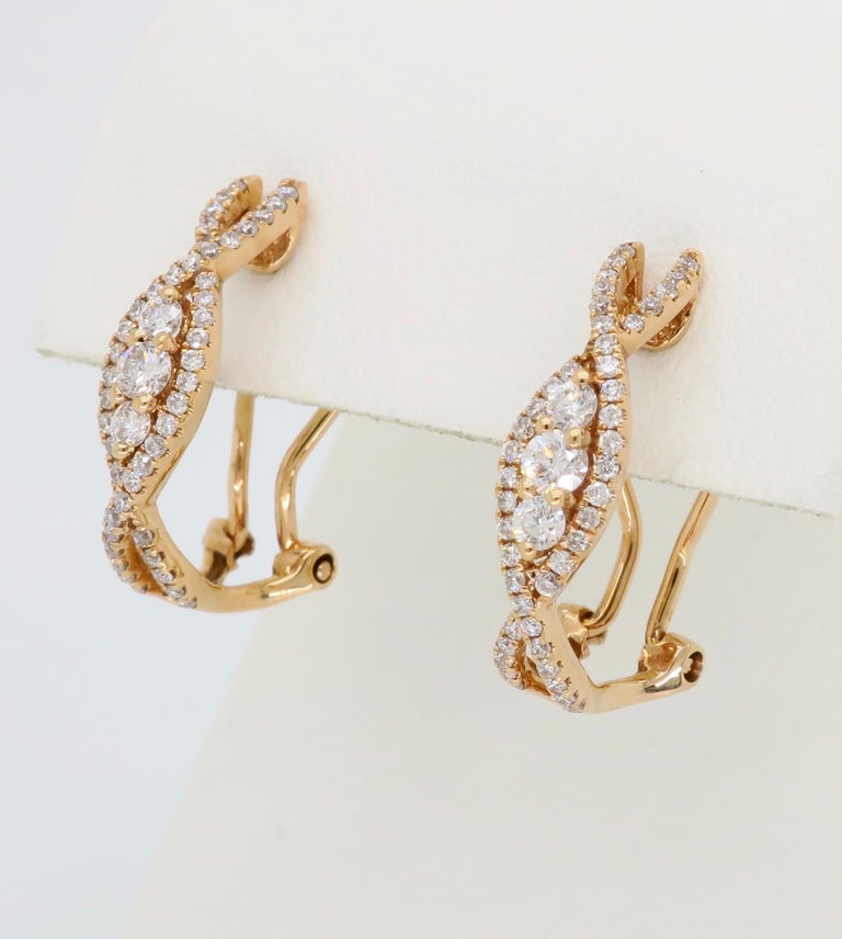 18 Karat Rose Gold Omega Back Huggie Style Diamond Earrings at 1stDibs