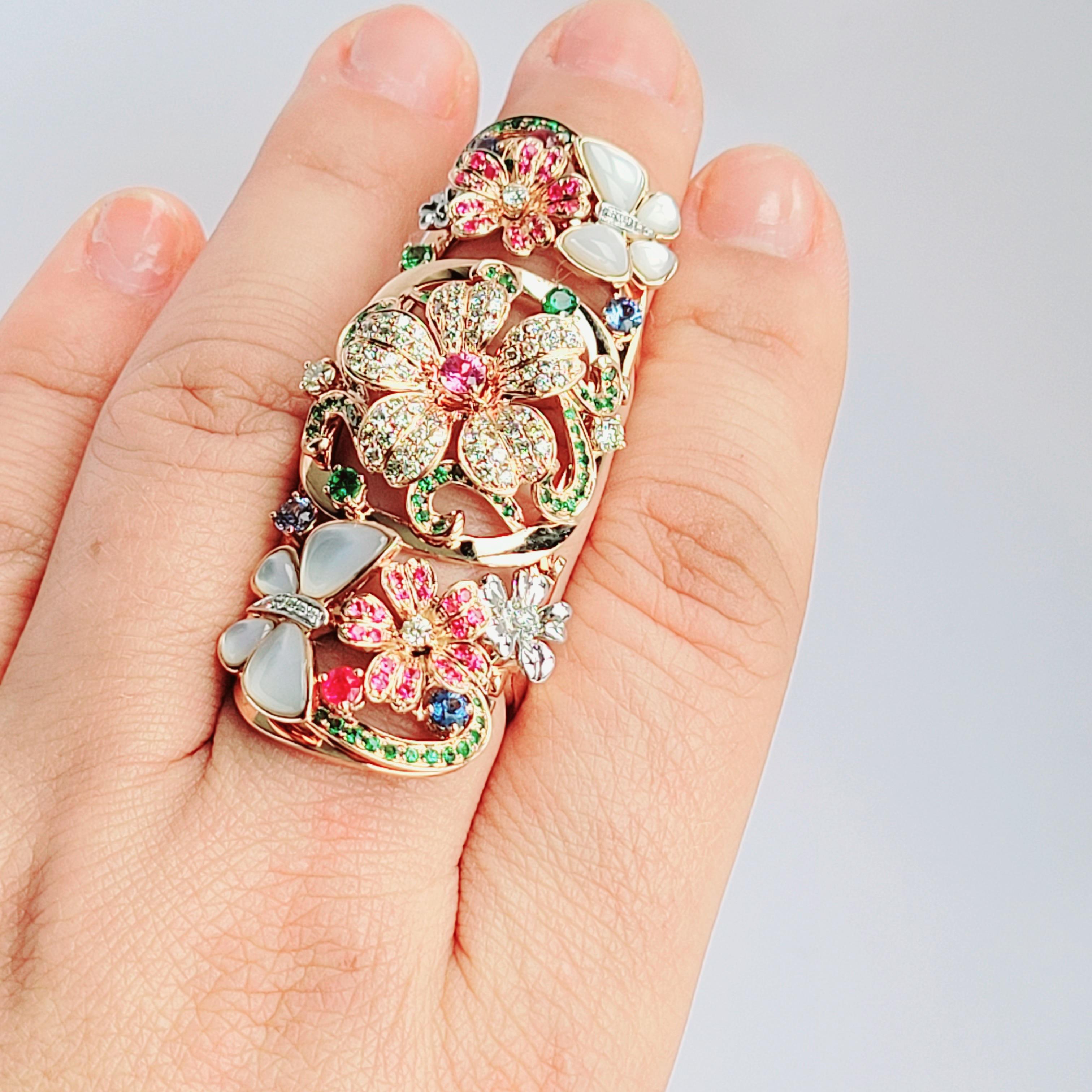 Its one a of kind Ring that will enhance all your beauty and let you dream away! It has pink sapphitre

Ring with Multi Color Sapphire and Pearls
81 Round Diamonds- 0.80 CT
8 White Shell - 2.41 CT
149 Round Mixed Sapphires - 2.33 CT
18K ROSE GOLD -