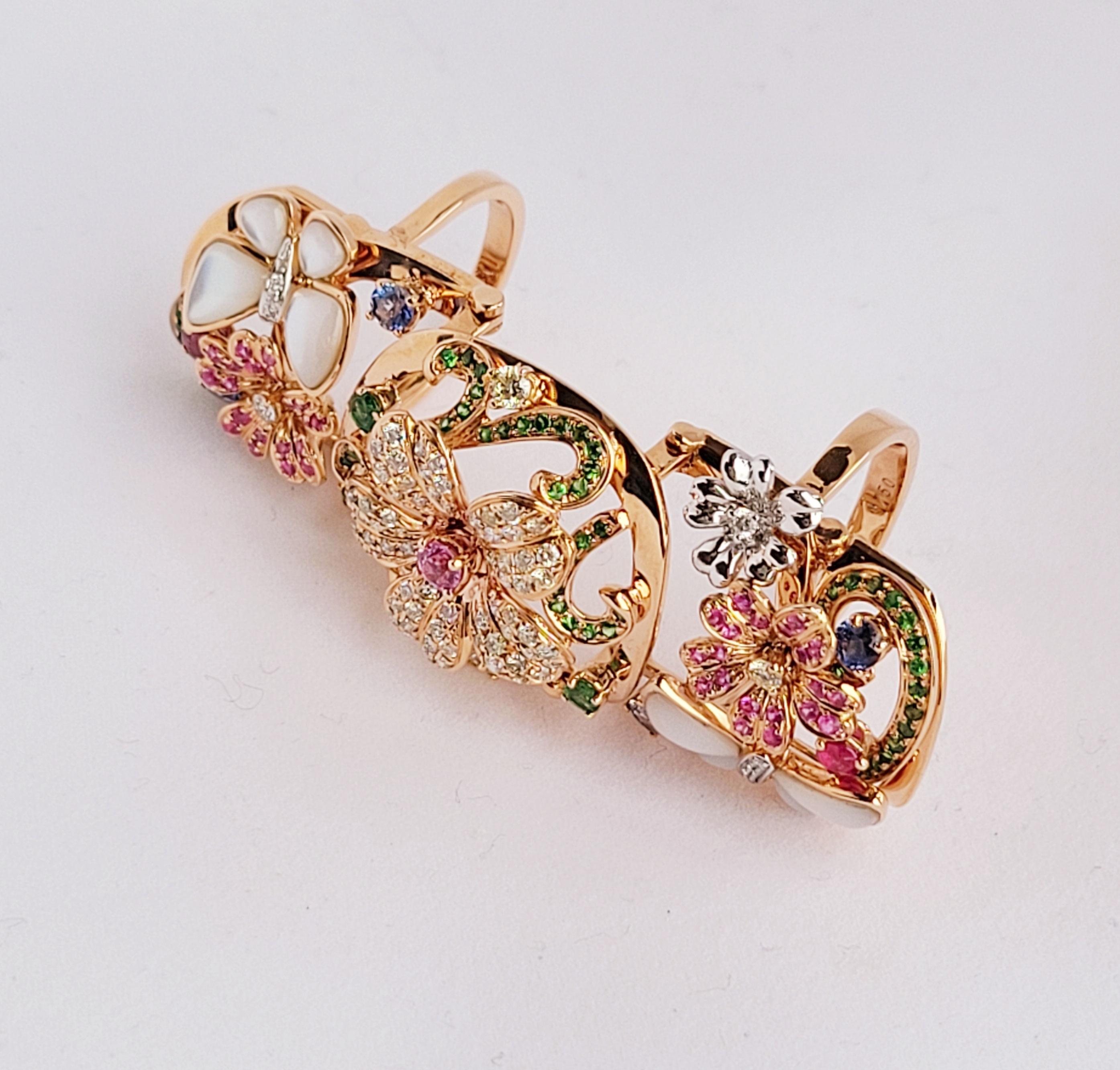 Rose Cut 18 Karat Gold One of kind Flower Field Ring with Butterfly and Multiple Flowers For Sale