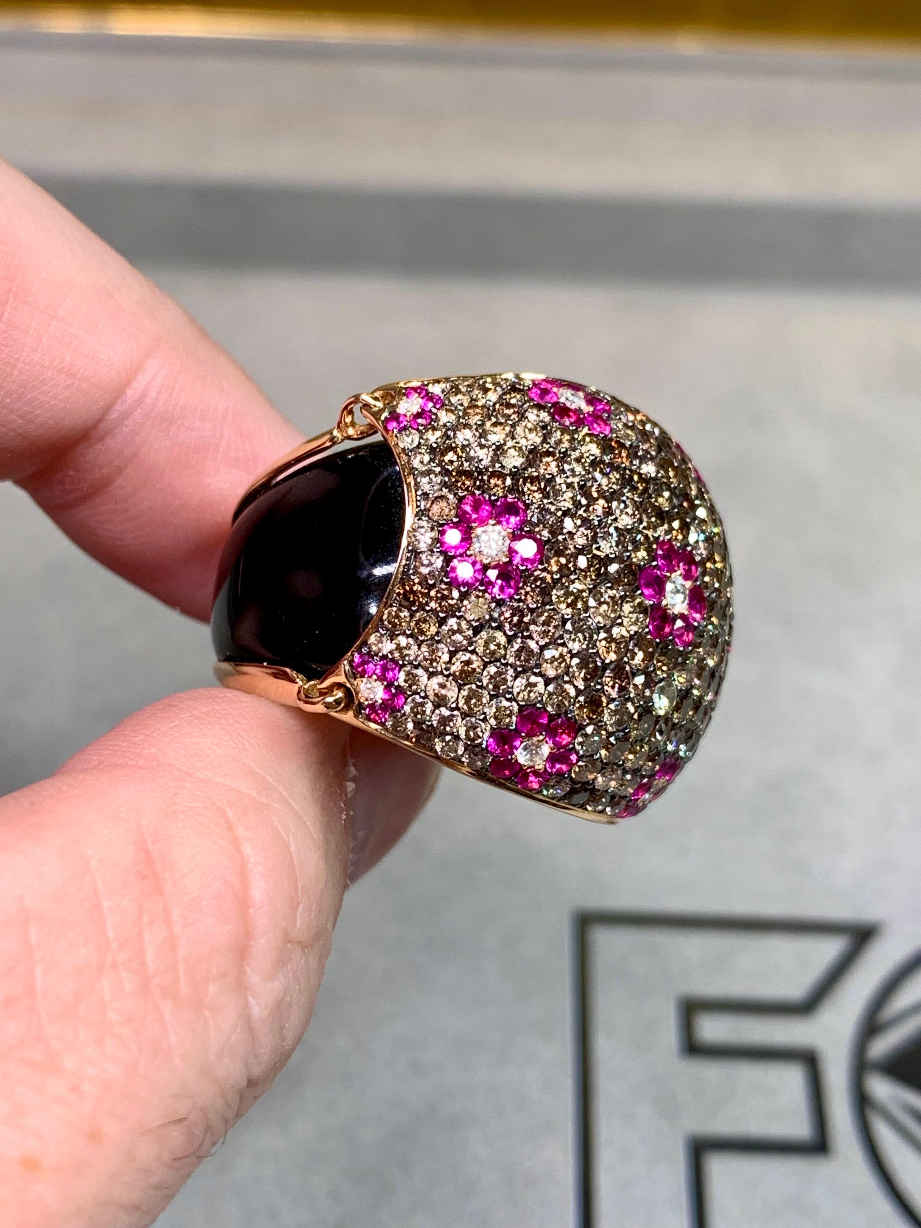 Or rose 18K Onyx Diamant brun Saphir rose  Bombe florale bague cocktail en vente 4
