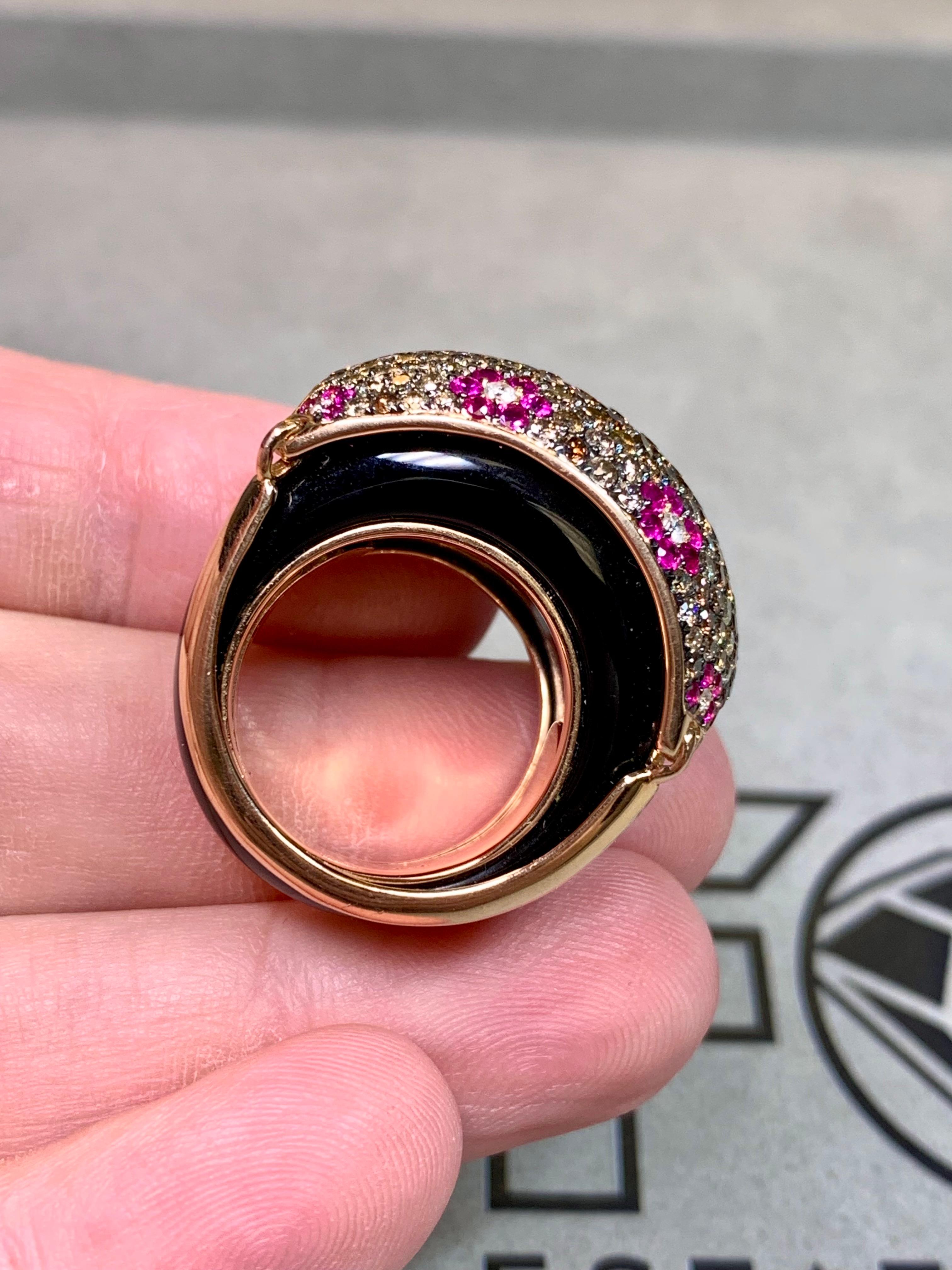 Or rose 18K Onyx Diamant brun Saphir rose  Bombe florale bague cocktail en vente 5