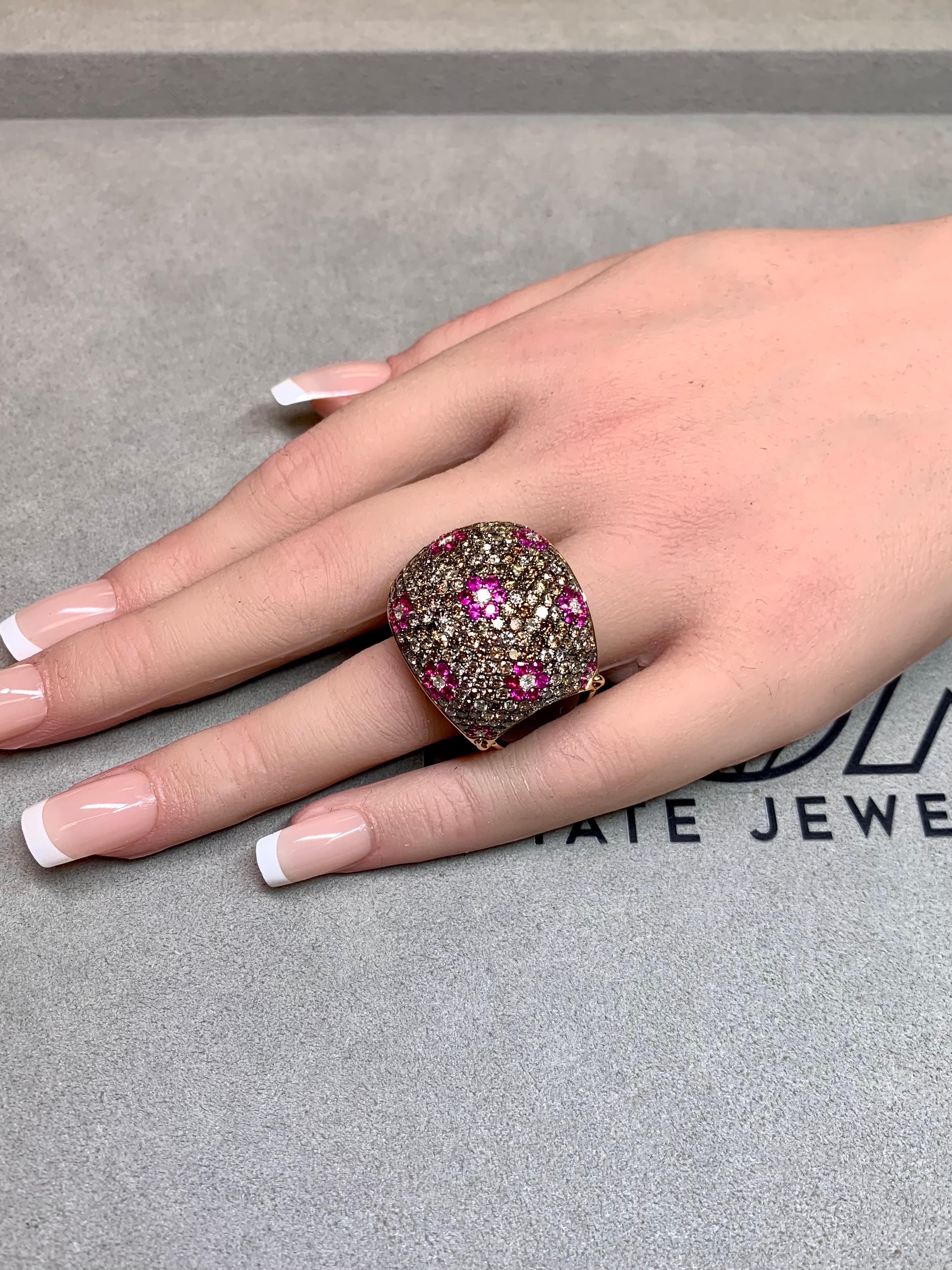 Or rose 18K Onyx Diamant brun Saphir rose  Bombe florale bague cocktail en vente 6