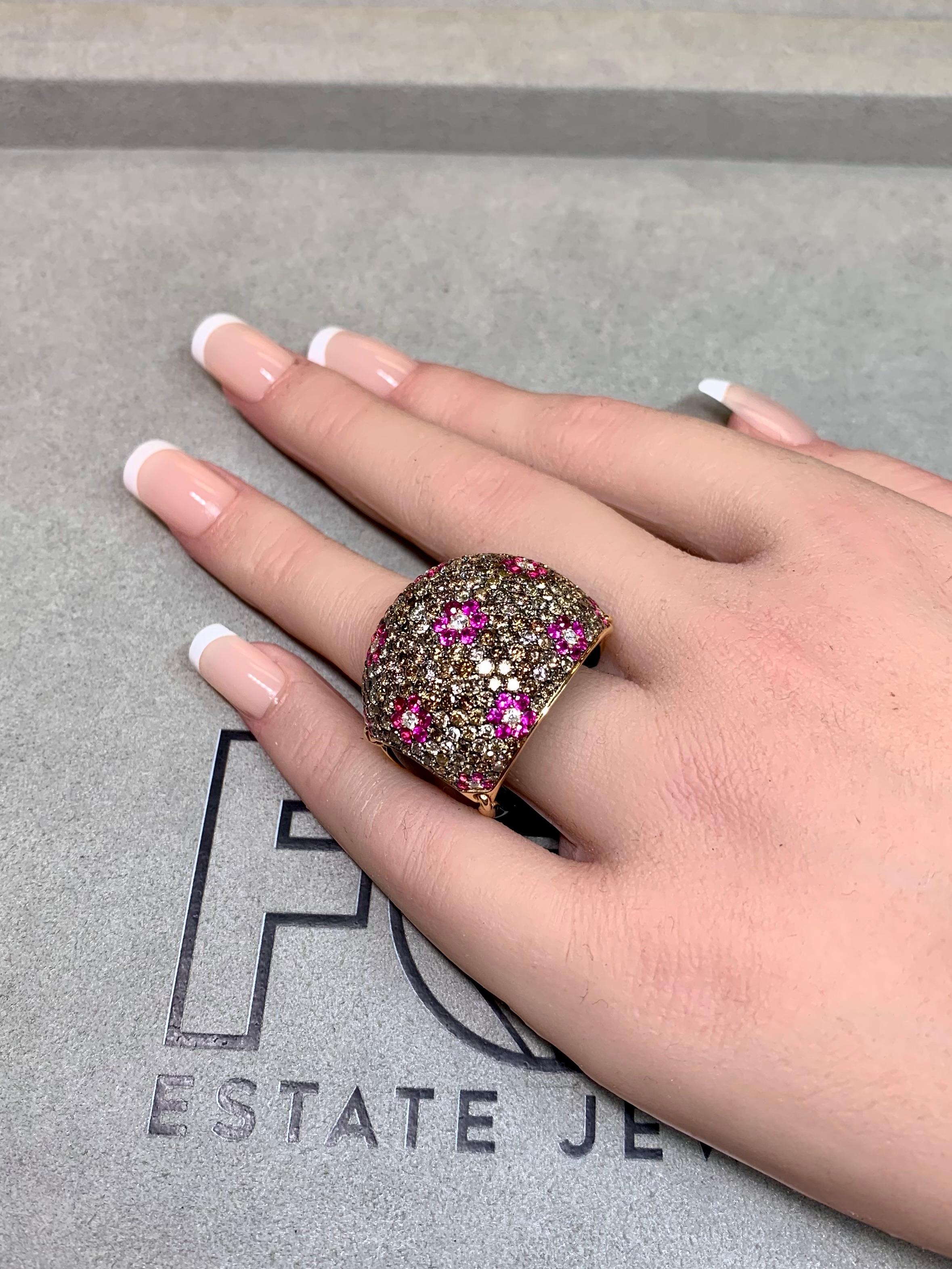 Or rose 18K Onyx Diamant brun Saphir rose  Bombe florale bague cocktail en vente 7