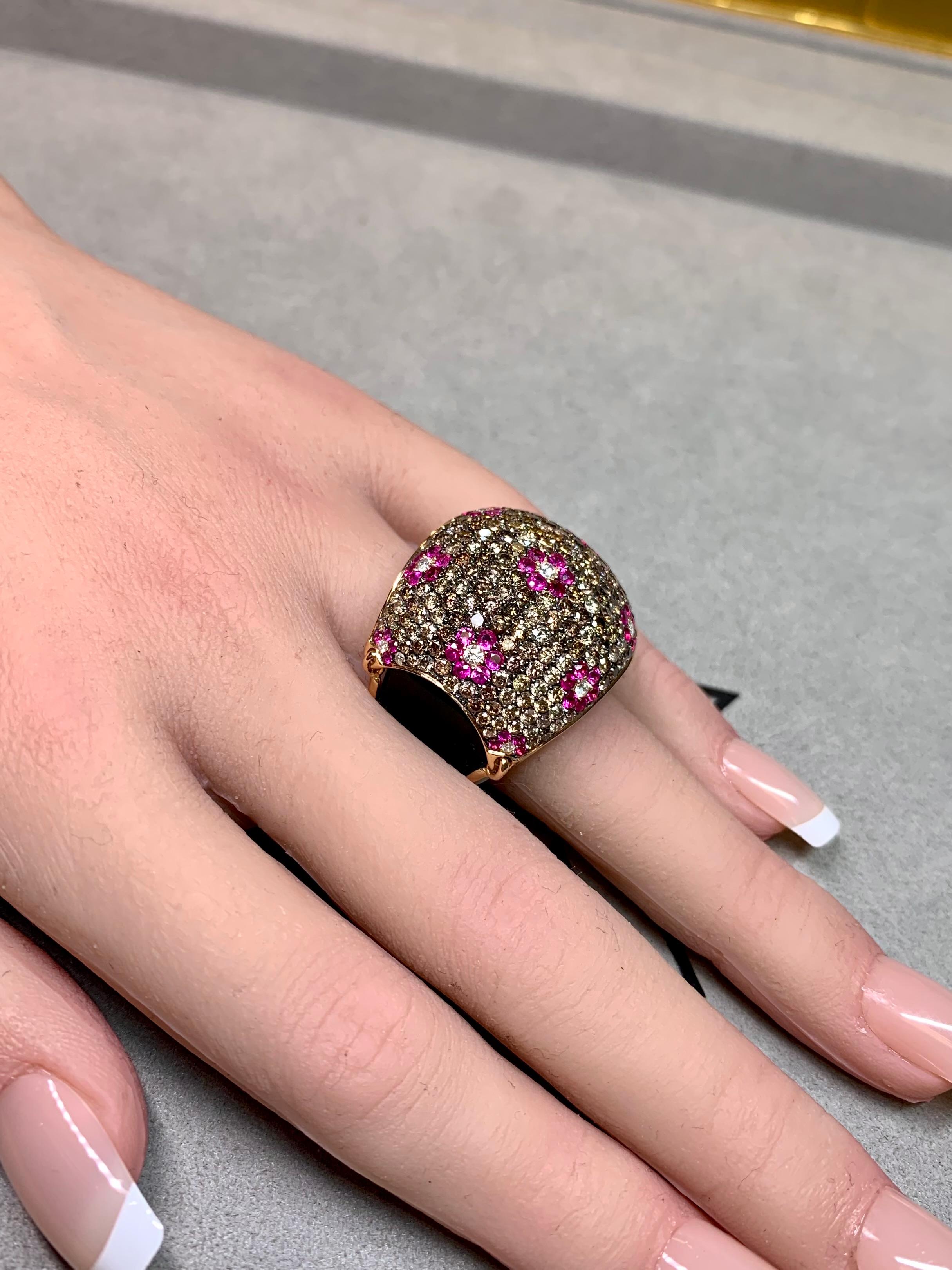 Or rose 18K Onyx Diamant brun Saphir rose  Bombe florale bague cocktail en vente 8