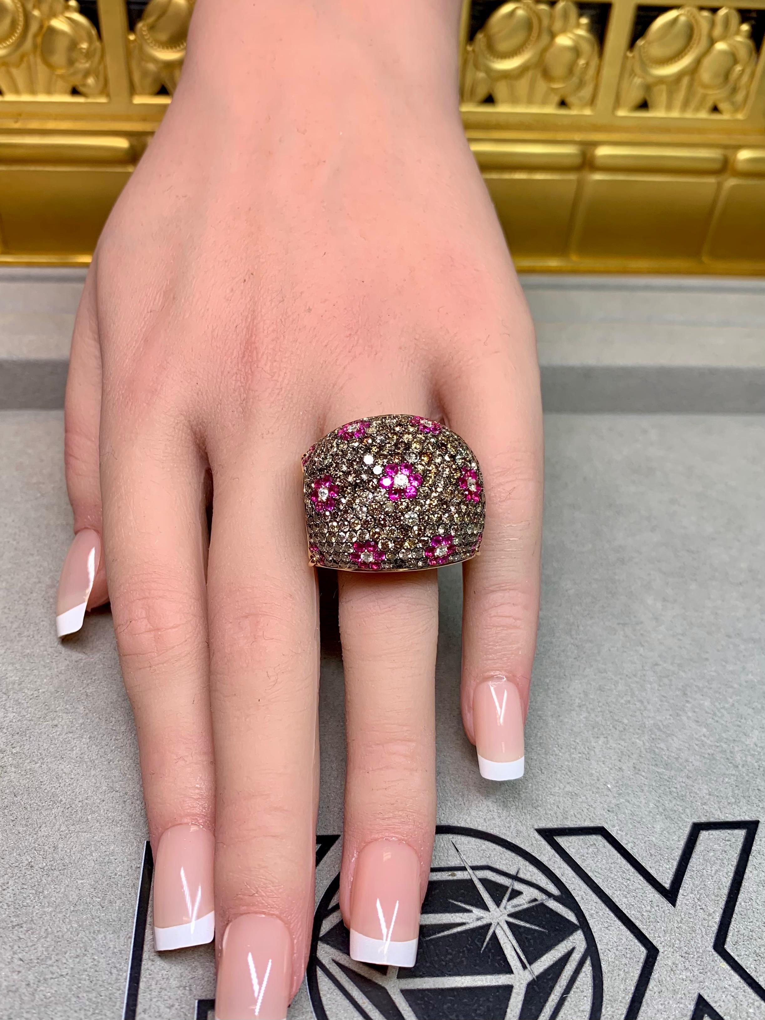 Or rose 18K Onyx Diamant brun Saphir rose  Bombe florale bague cocktail en vente 9