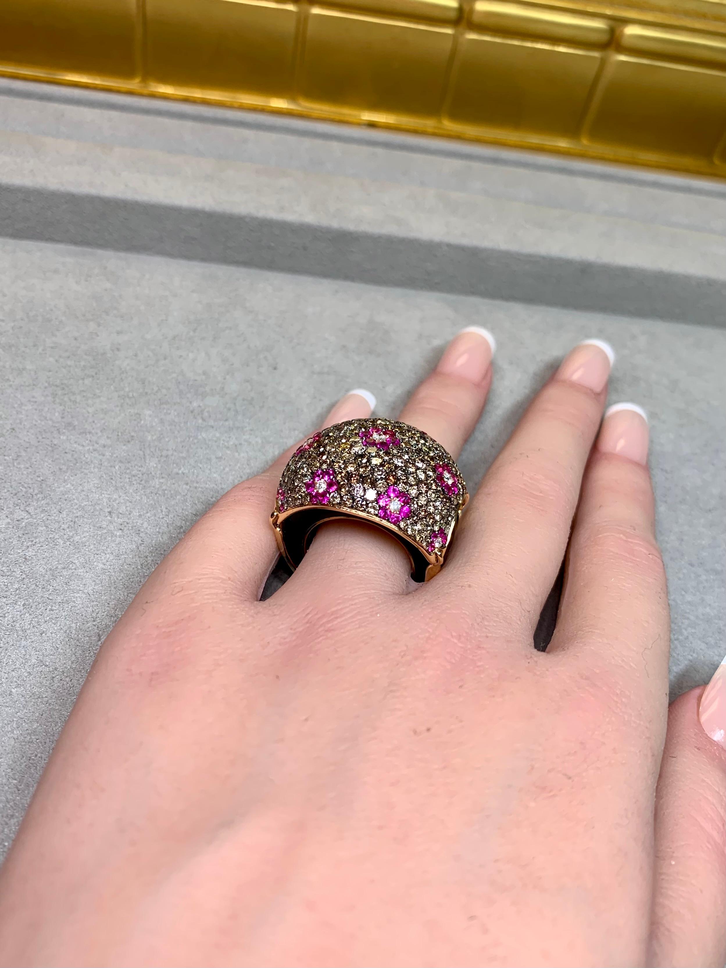 Or rose 18K Onyx Diamant brun Saphir rose  Bombe florale bague cocktail en vente 10
